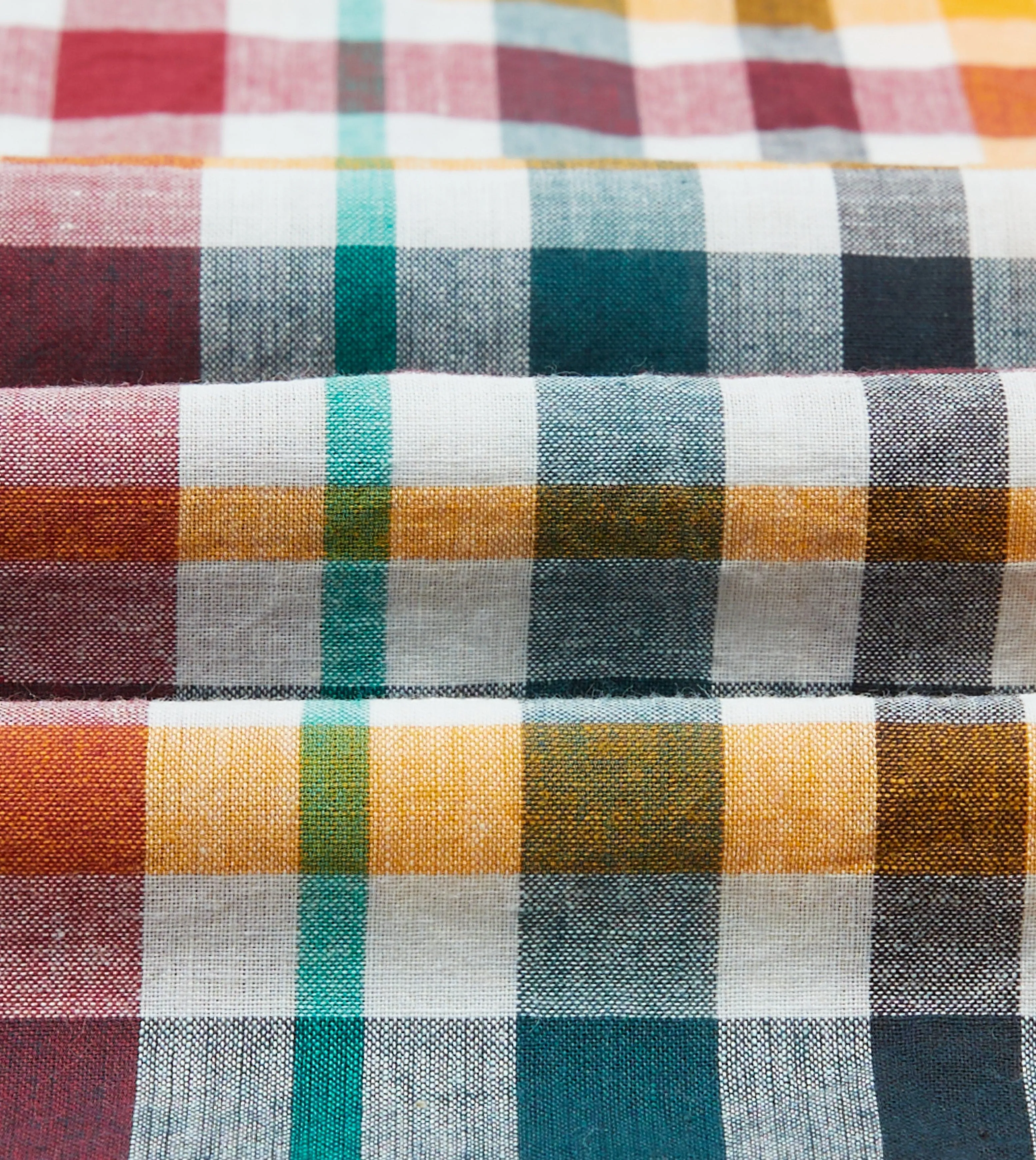Red, Blue and Green Madras Check Cotton Mandarin Collar Popover Shirt Casual Hangout