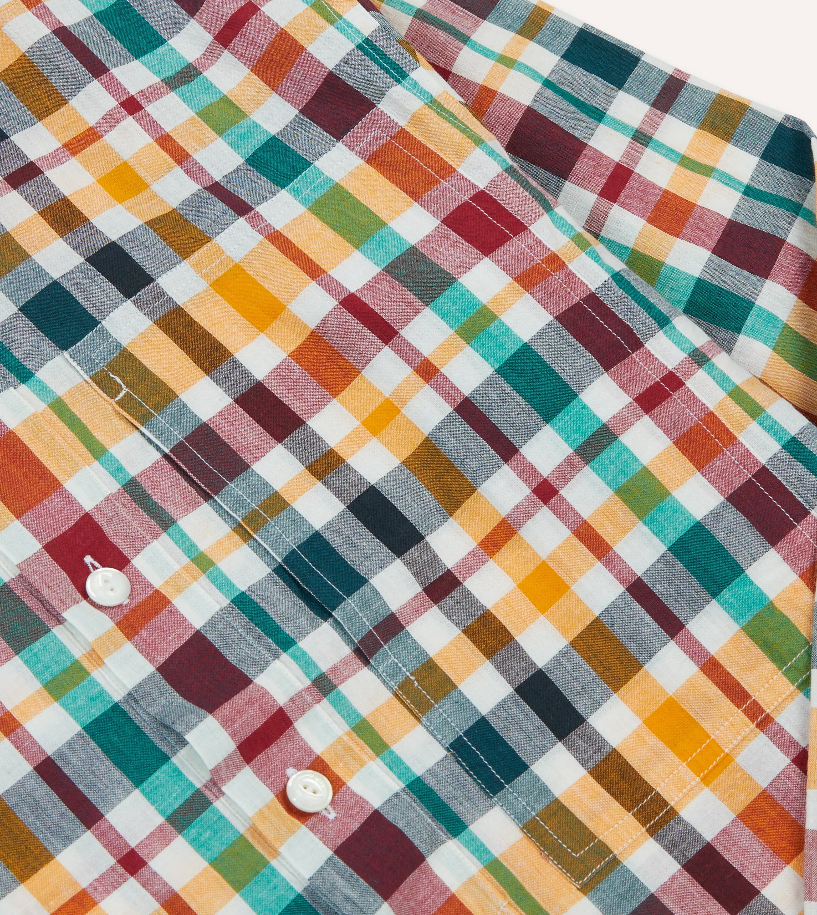 Red, Blue and Green Madras Check Cotton Mandarin Collar Popover Shirt Durable Texture Button-up
