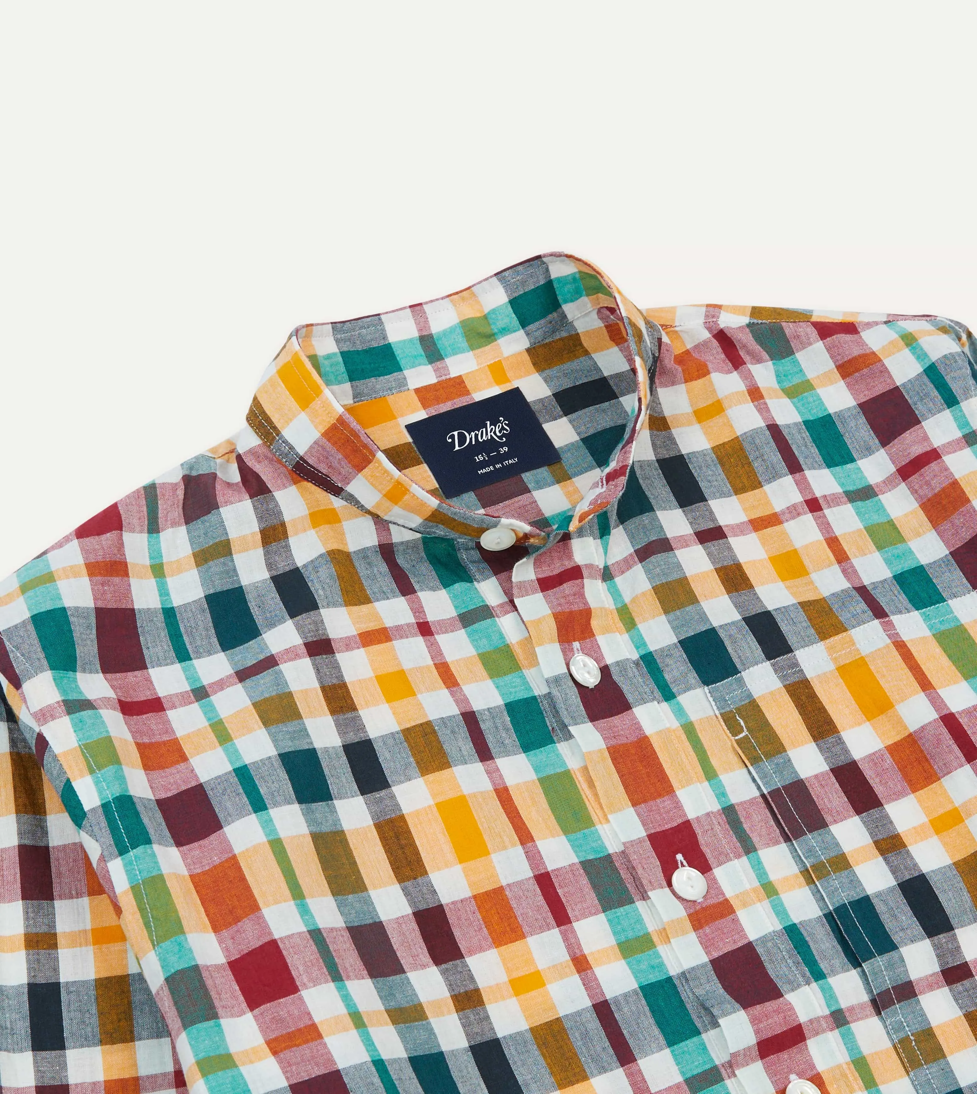 Preppy Vibe Geometric Design Red, Blue and Green Madras Check Cotton Mandarin Collar Popover Shirt