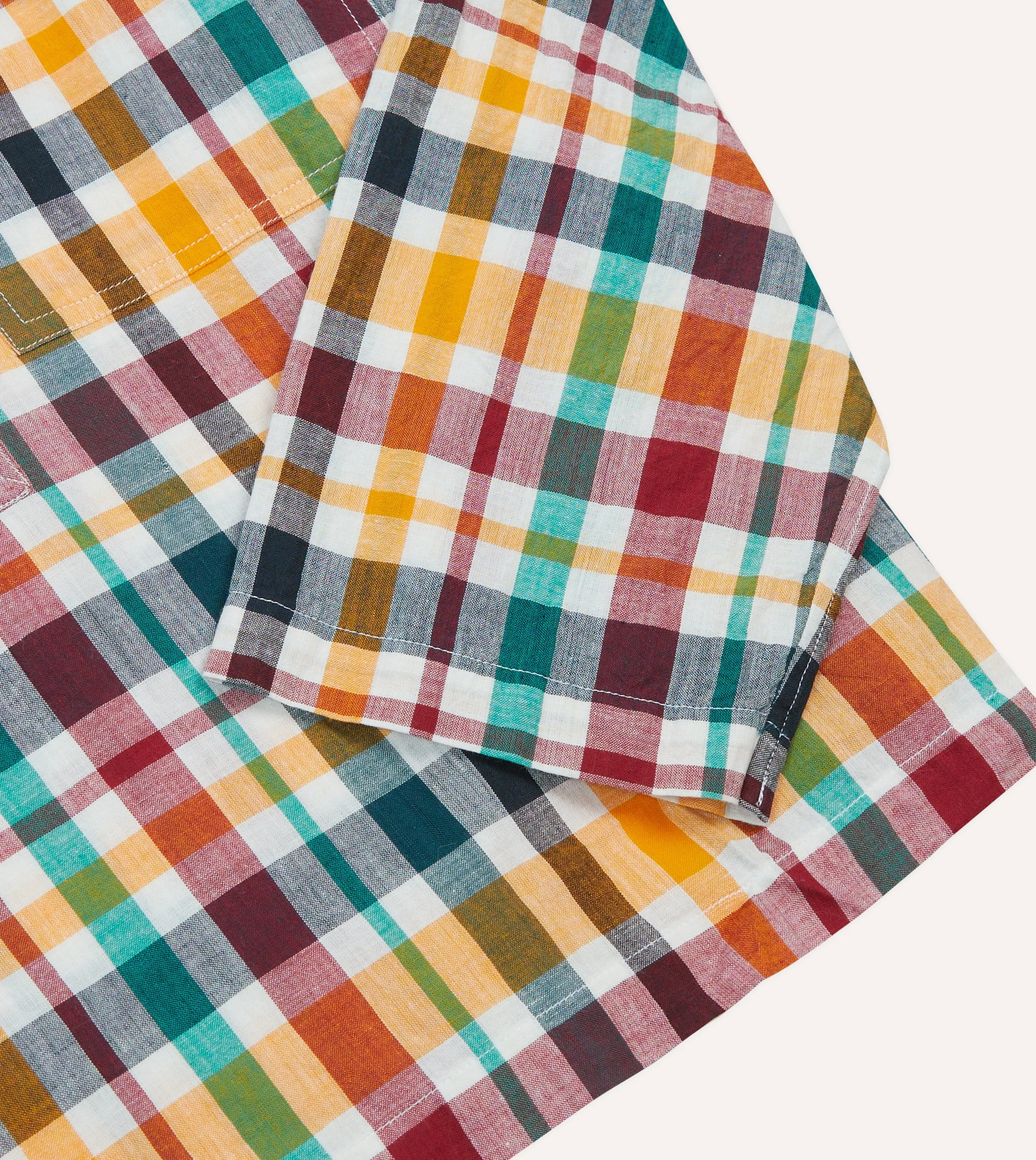 Red, Blue and Green Madras Check Cotton Mandarin Collar Popover Shirt Cool Comfort Vibrant Hue
