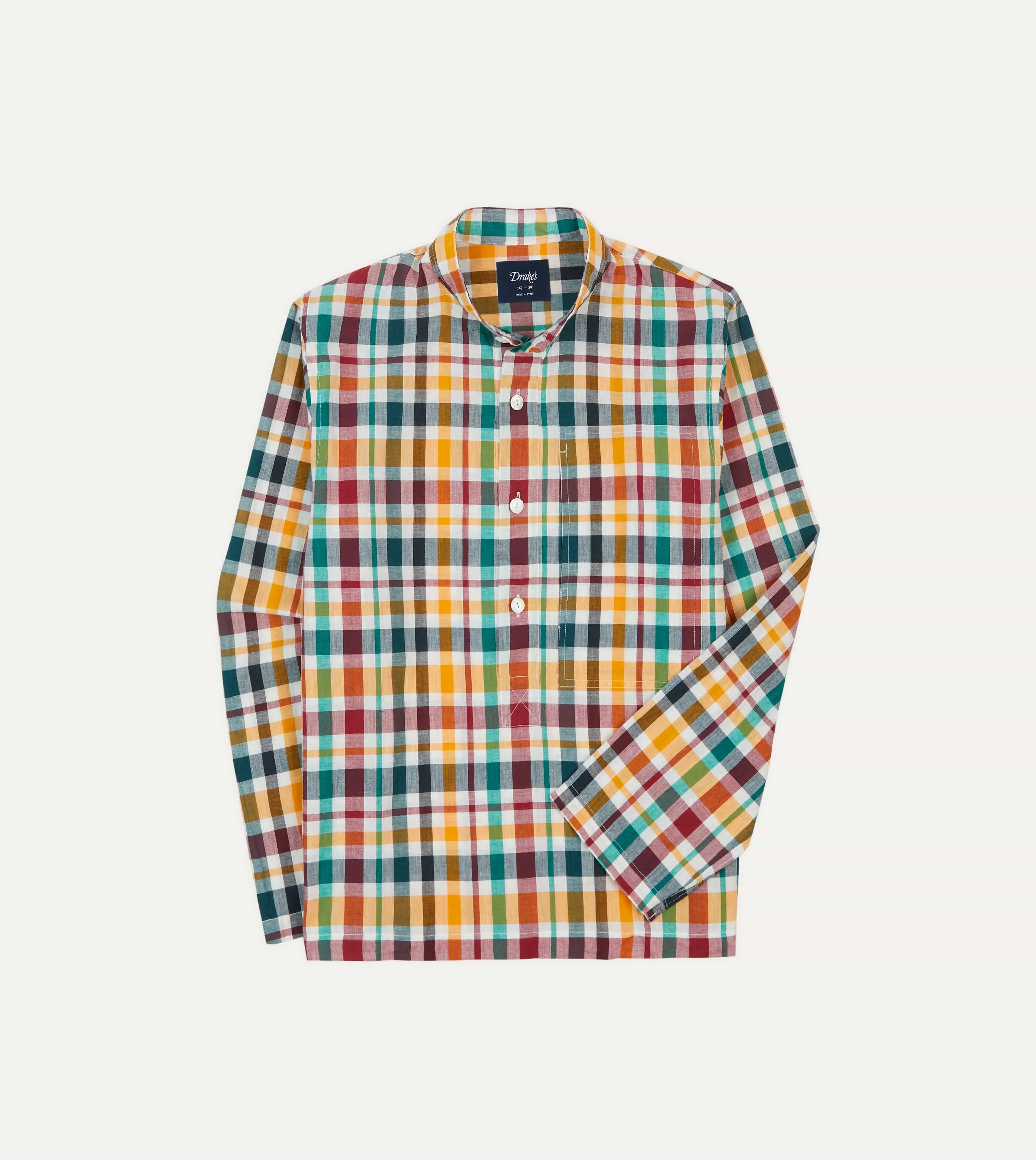 Vintage Style Spring Collection Red, Blue and Green Madras Check Cotton Mandarin Collar Popover Shirt