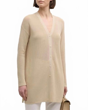 Knit Look Ribbed Side-Slit Cotton Cardigan In Pebble
