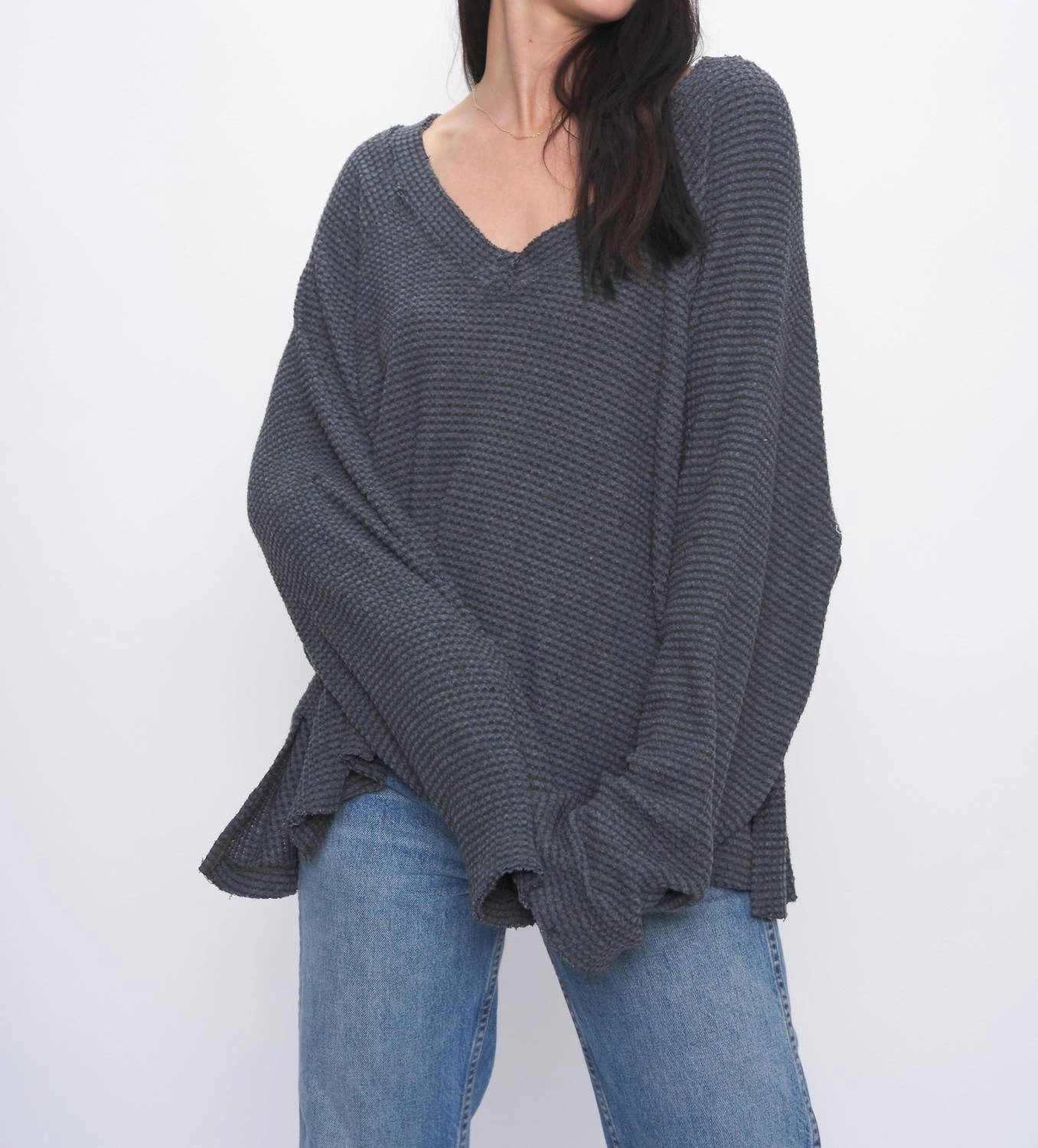 Breathable Wool Rosalita Cozy Thermal V Neck Long Sleeve Top In Midnight Forest