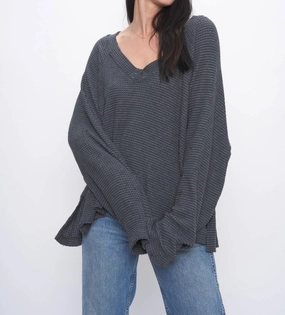 Breathable Wool Rosalita Cozy Thermal V Neck Long Sleeve Top In Midnight Forest