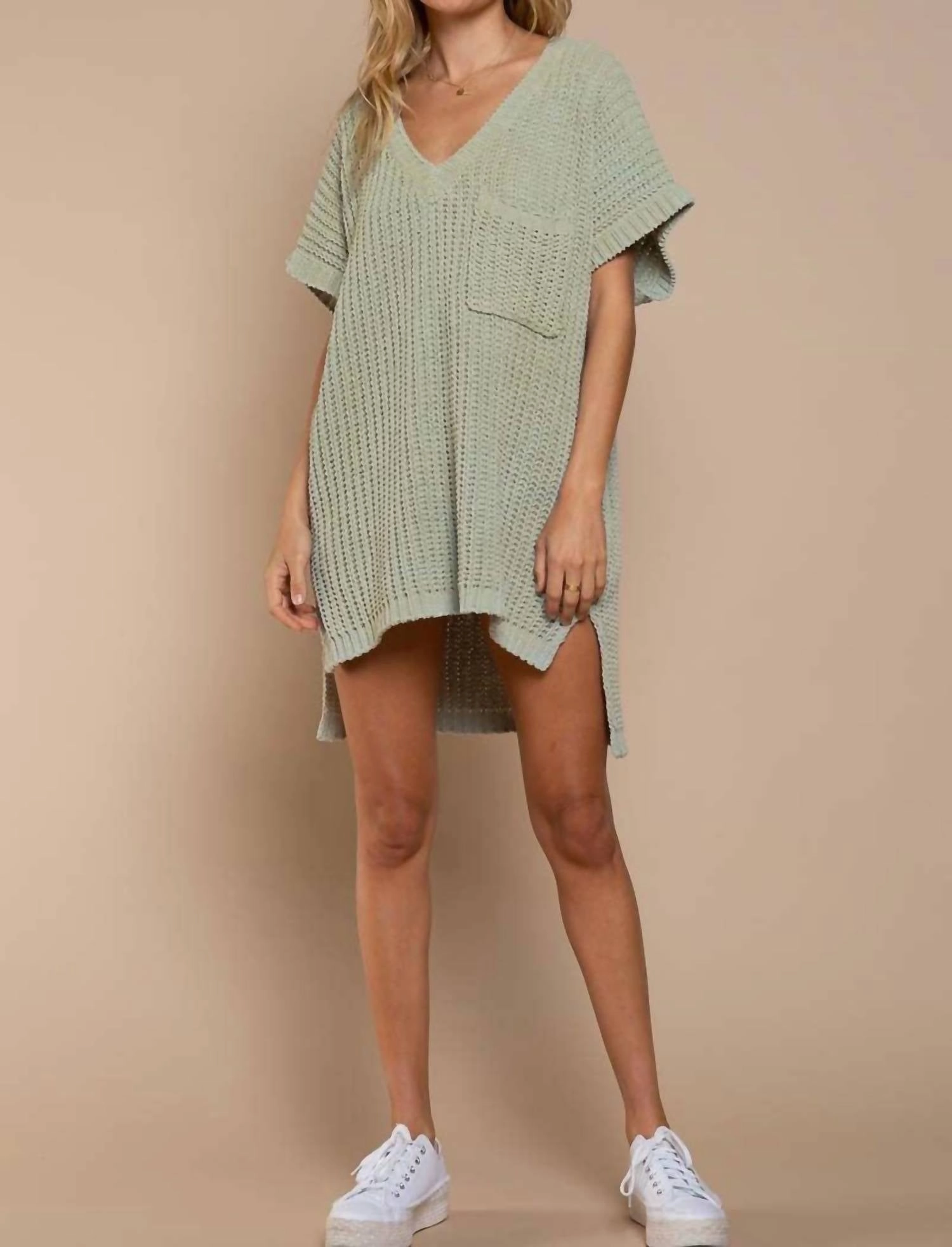Fast Drying High-Low Short Sleeve Chenille Sweater In Sage
