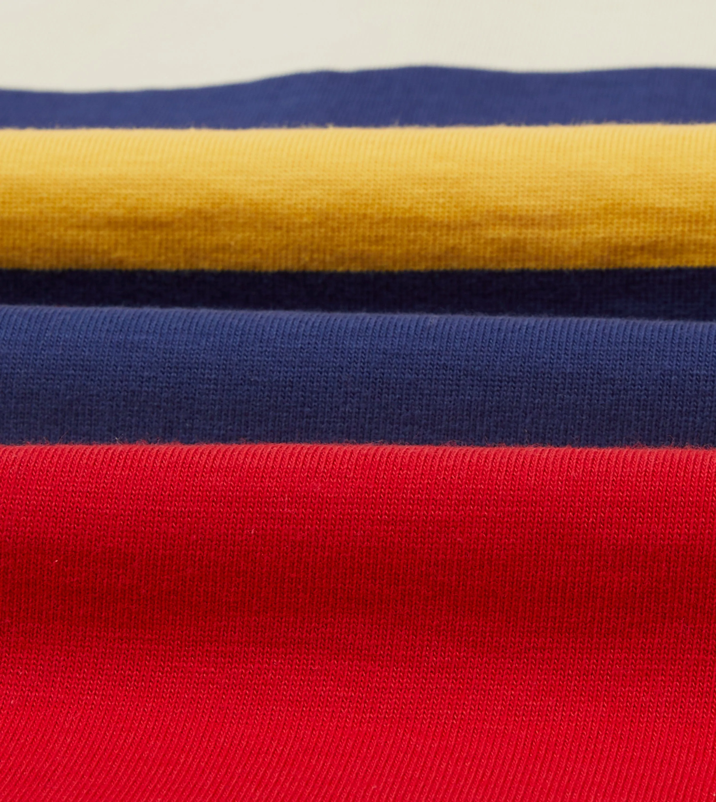Red, Yellow and Navy Multi Stripe Cotton Rugby Shirt Recycled Polyester Blend Eco friendly materials
