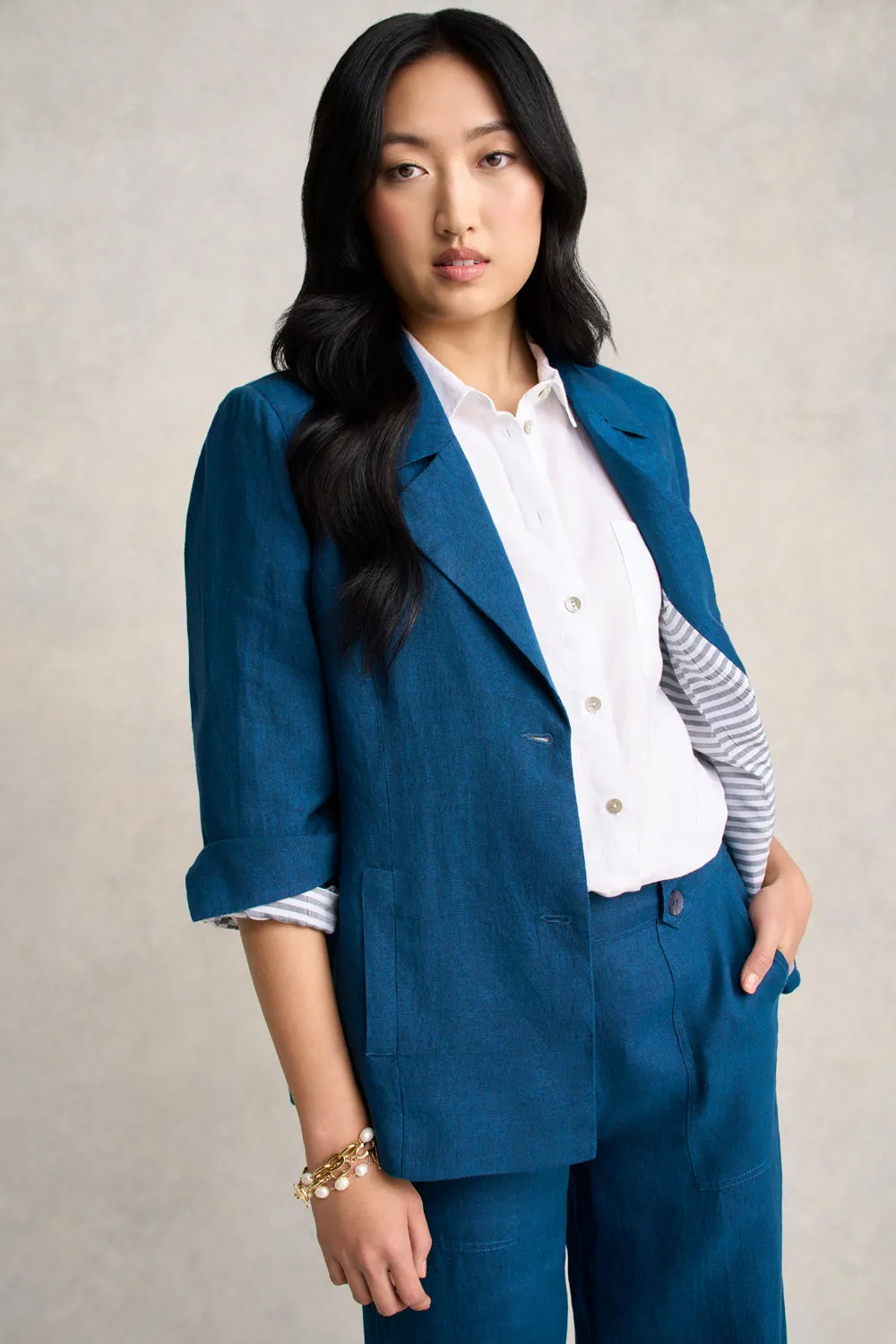 Quick Dry Fabric Simple Layers French Linen Jacket - Navy Delave