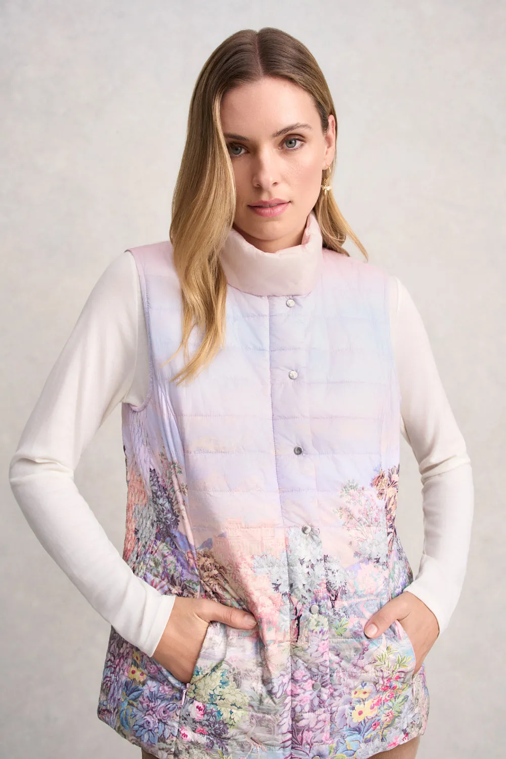 Quilted Reversible Puffer Vest - Scenic Sunset Print Static Dissipating Threading