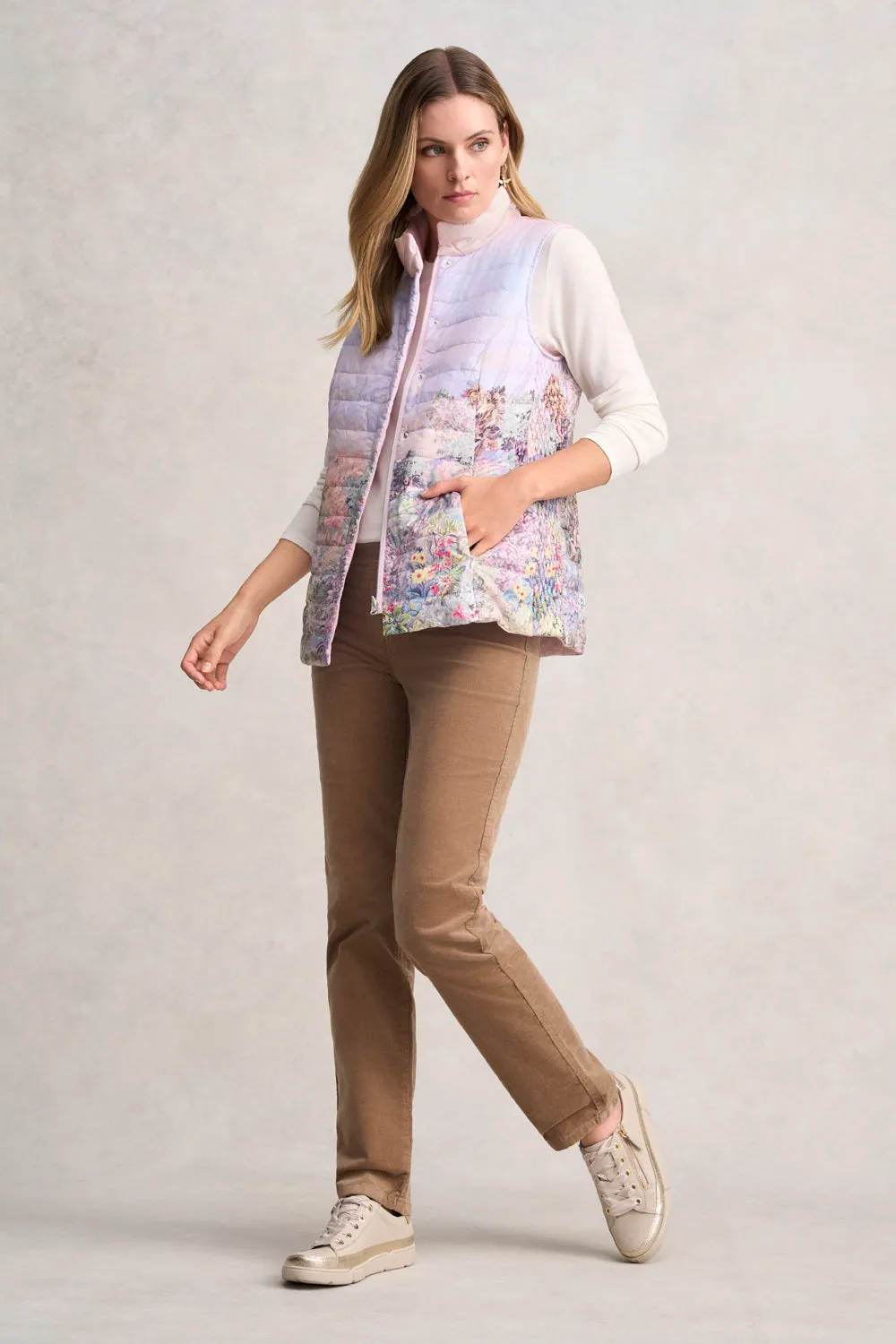 Quilted Reversible Puffer Vest - Scenic Sunset Print Relaxed Layers