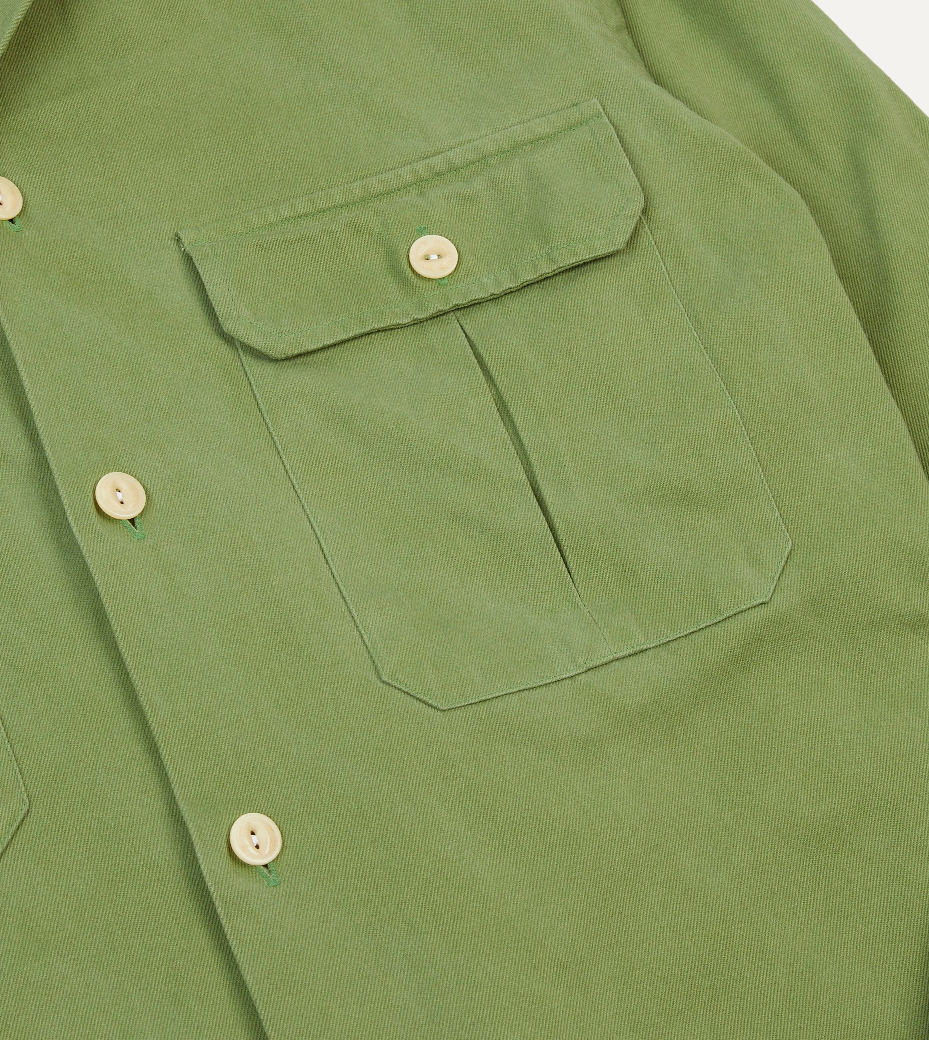 Weekend Outfit Green Brushed Cotton Twill Camp Collar Long Sleeve Shirt
