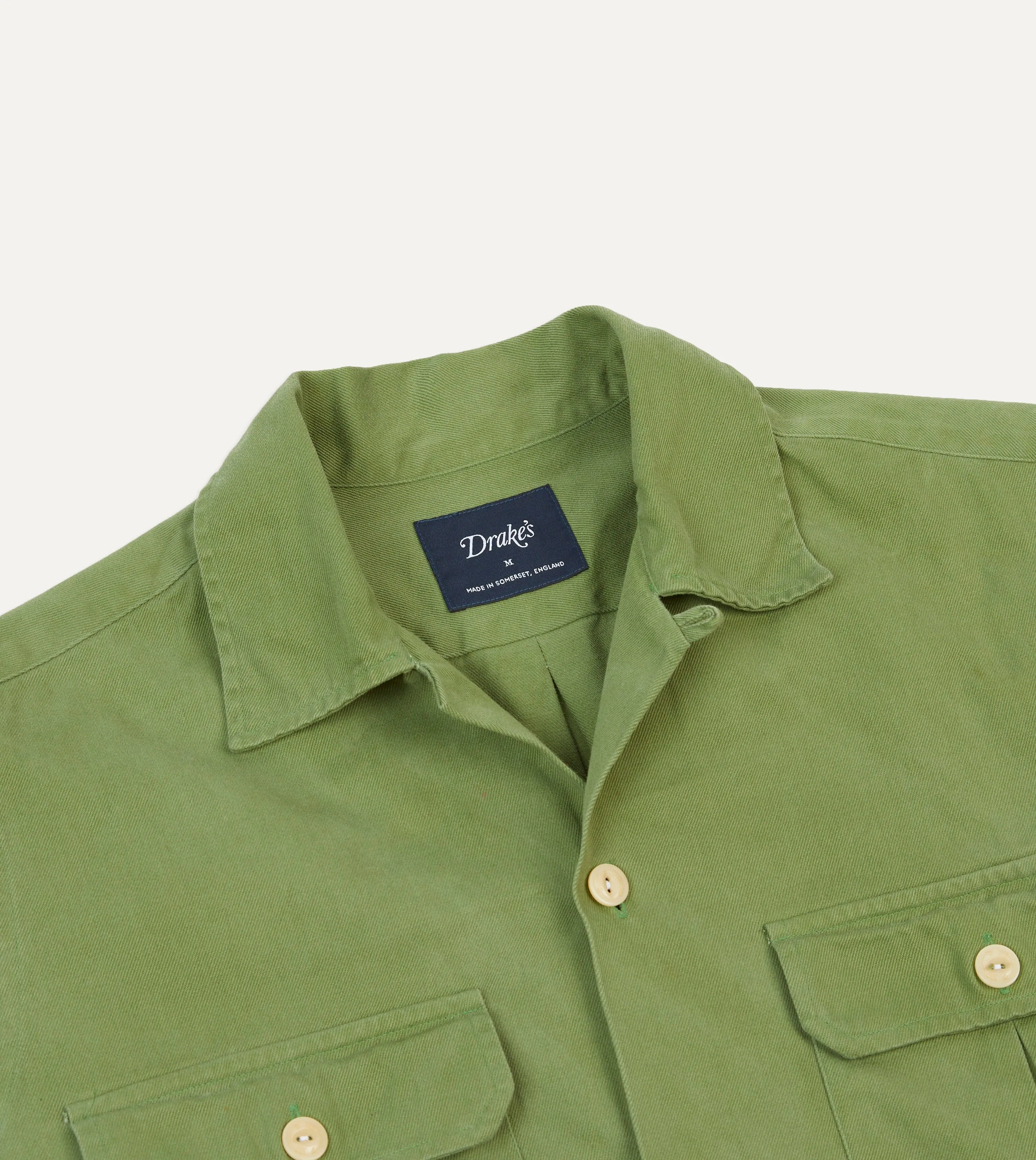 Abrasion Resistant Edges Green Brushed Cotton Twill Camp Collar Long Sleeve Shirt