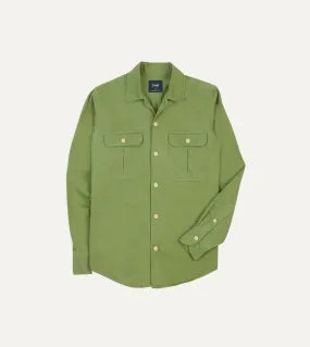 Green Brushed Cotton Twill Camp Collar Long Sleeve Shirt Minimalist fashion Sporty Look