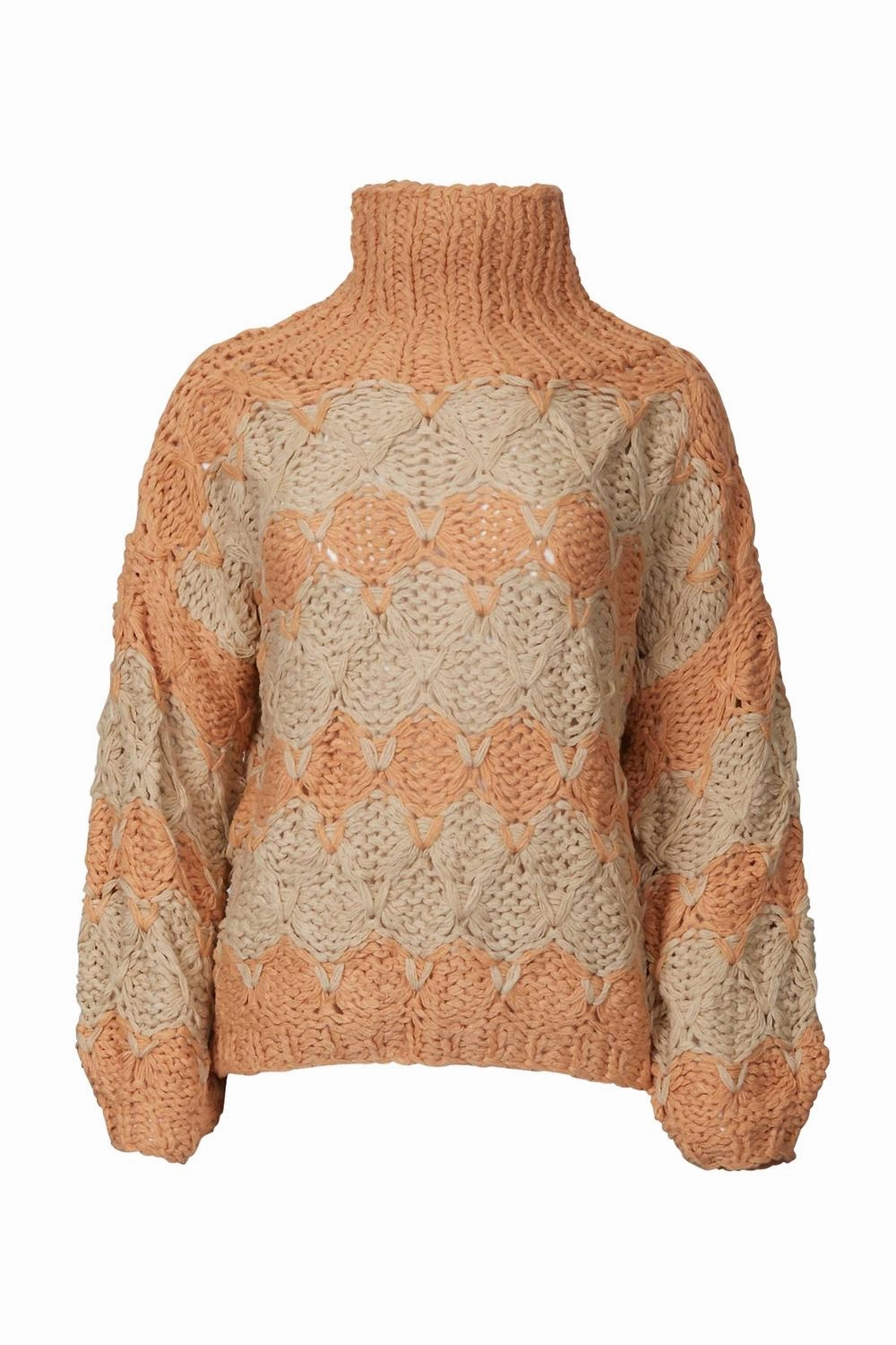 Open-Knit Chunky Turtleneck Sweater In Beige Papaya Stripe Timeless Style