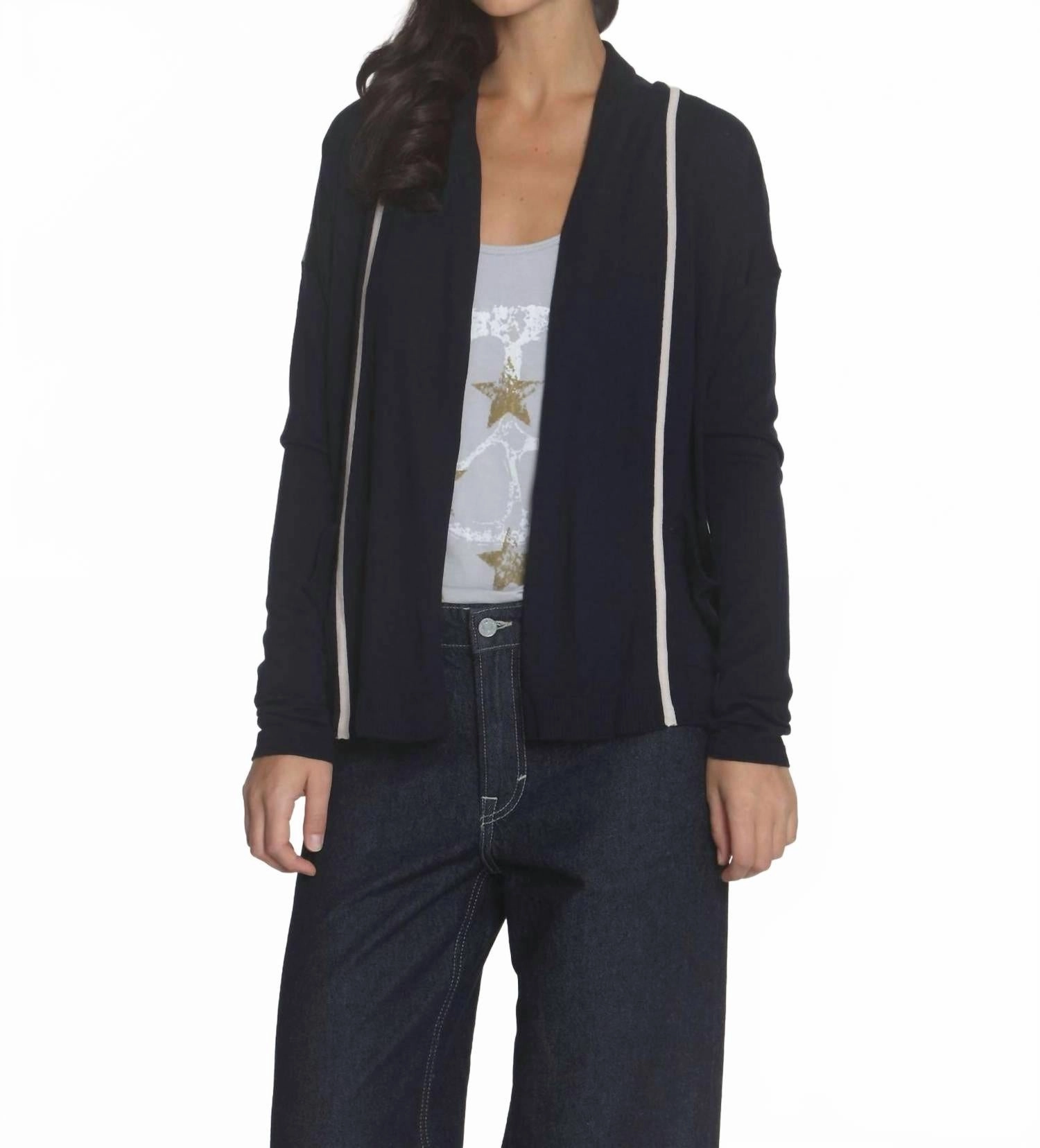 Flex Knit Ribbing Hypoallergenic Wool Mix Women's Brooklyn Drape Cardigan In Navy