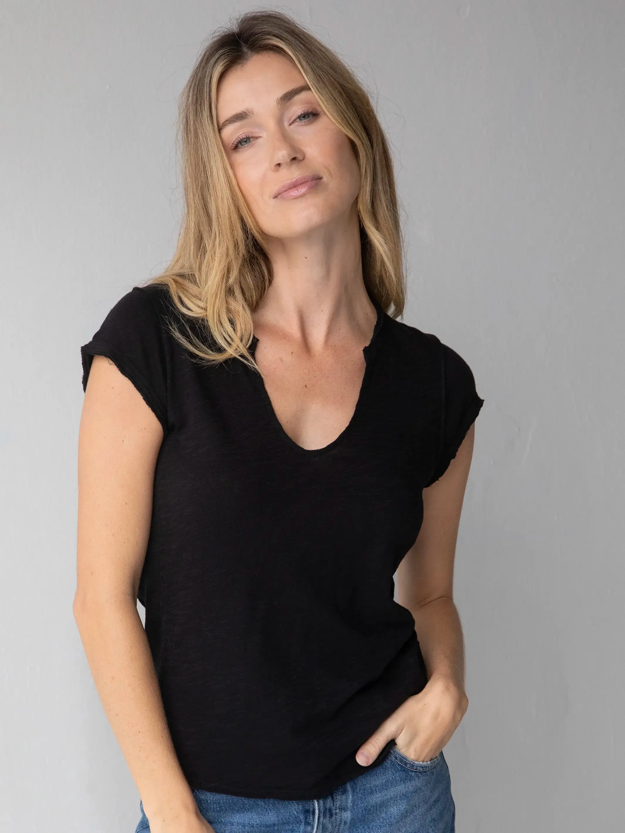 Molly Cotton Tee Shirt - Black Layering Options Glossy Look