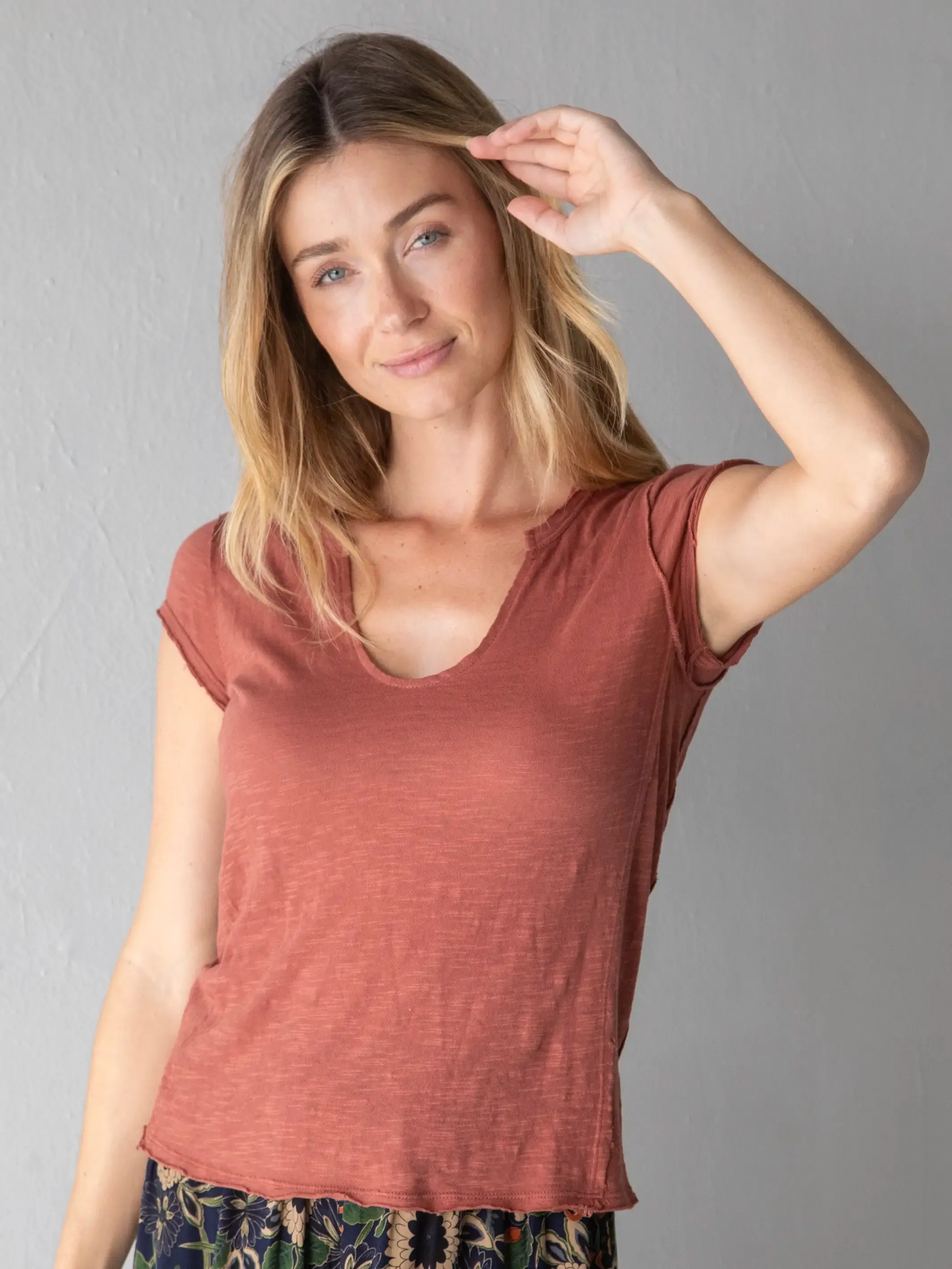 Low carbon footprint Layered Sleeve Molly Cotton Tee Shirt - Rust