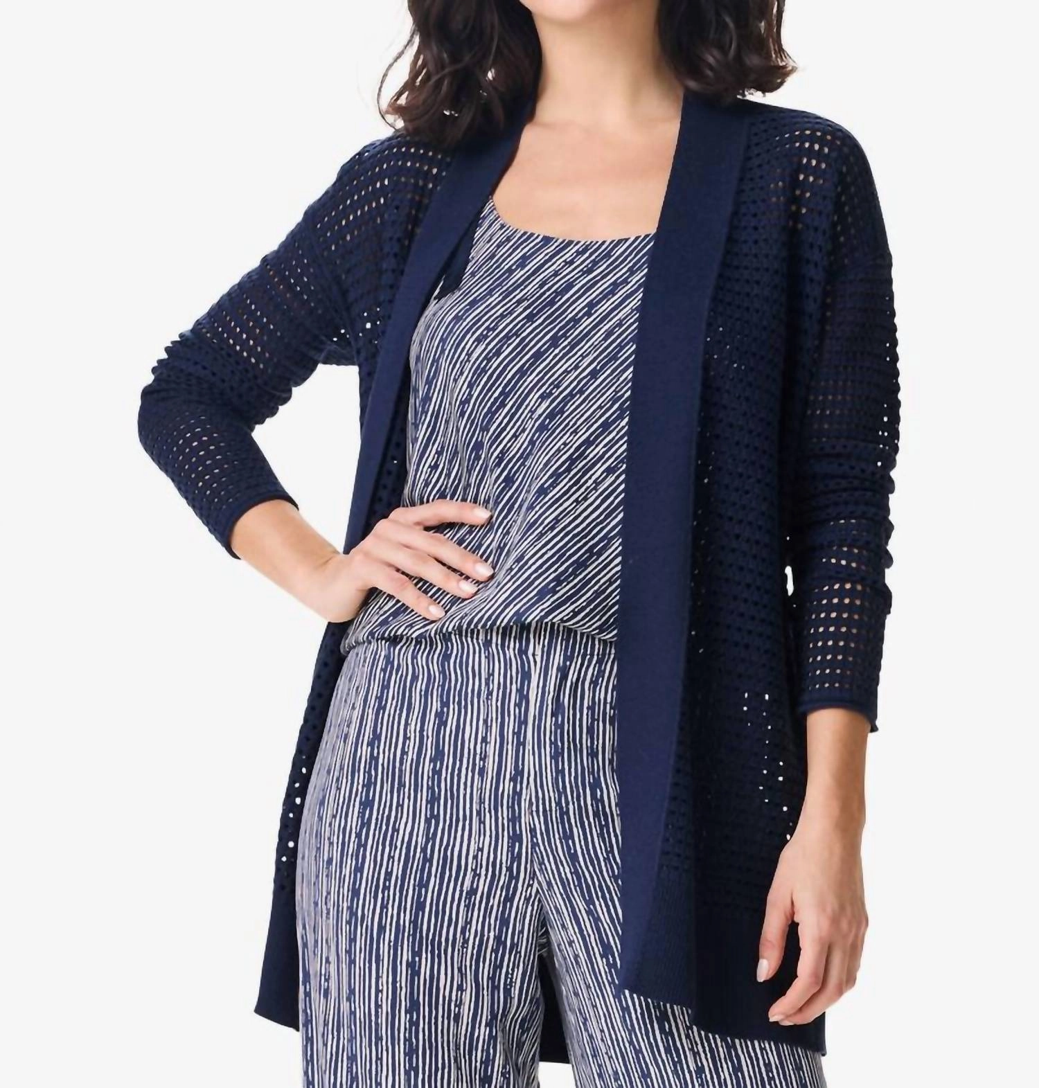 Moonlight Mesh Cardigan In Dark Indigo crew neck
