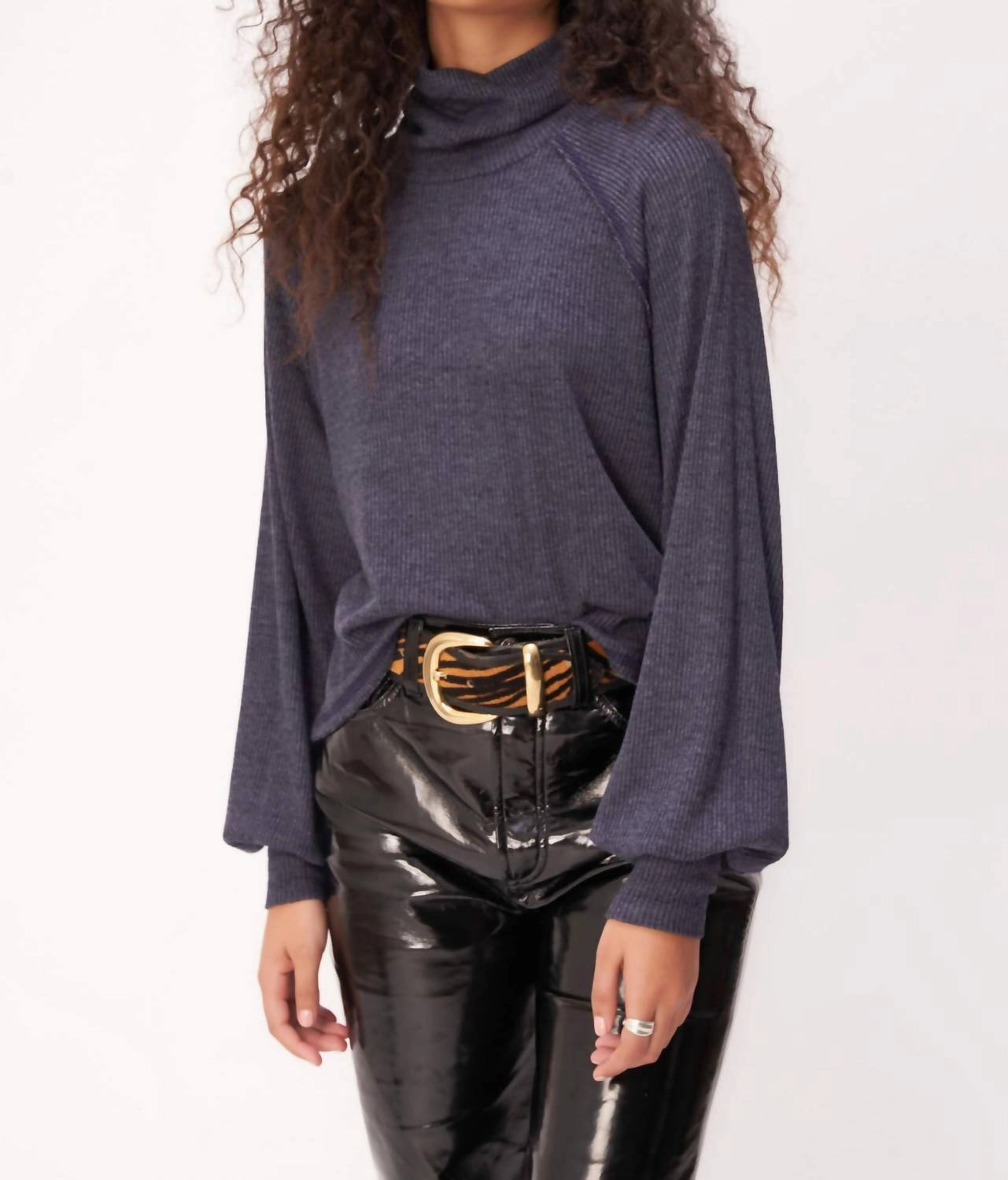 More Love Marled Rib Turtleneck Top In Galaxy Blue Classic Fit Snuggly Pieces