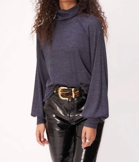 More Love Marled Rib Turtleneck Top In Galaxy Blue Warm Winter Wear Layered Knit Style