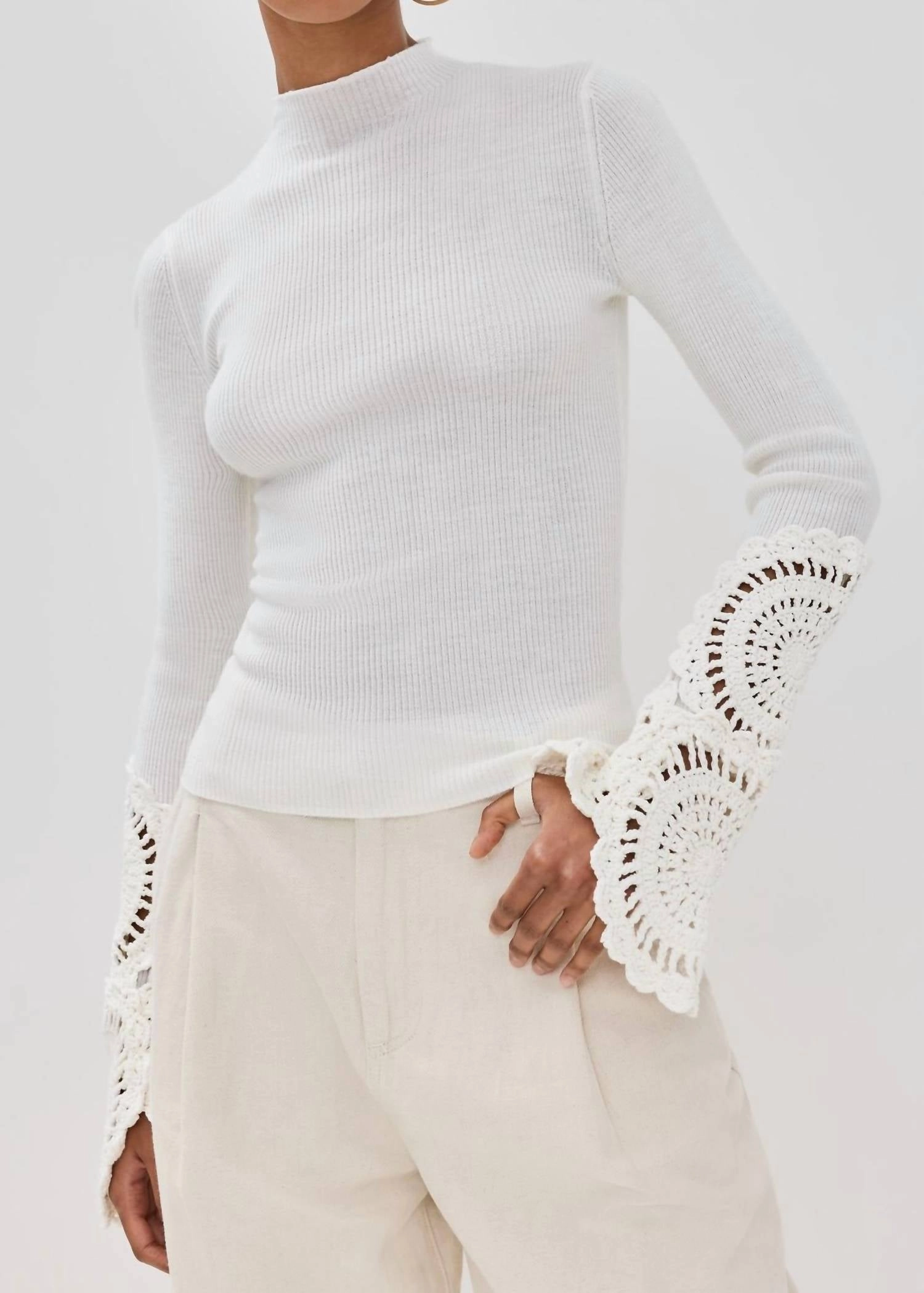 Chilly Look Cable Stitch Mosaic Crochet Detail Knit Top In Ivory