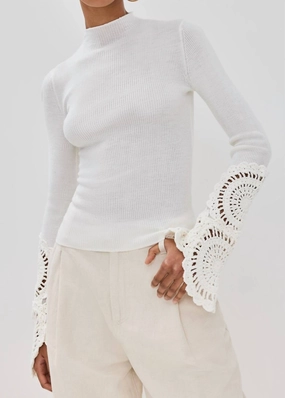 Chilly Look Cable Stitch Mosaic Crochet Detail Knit Top In Ivory