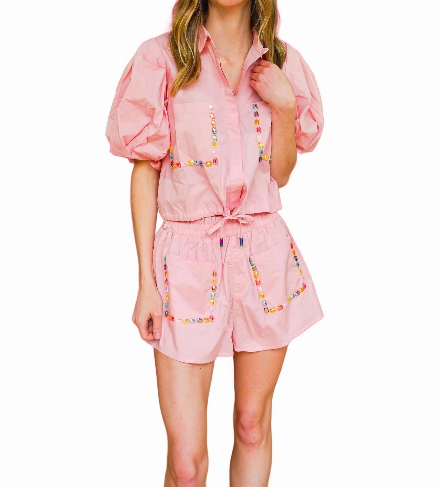 Multi Jewel Pocket Cotton Short In Light Pink athletic clothing Festival Outfit