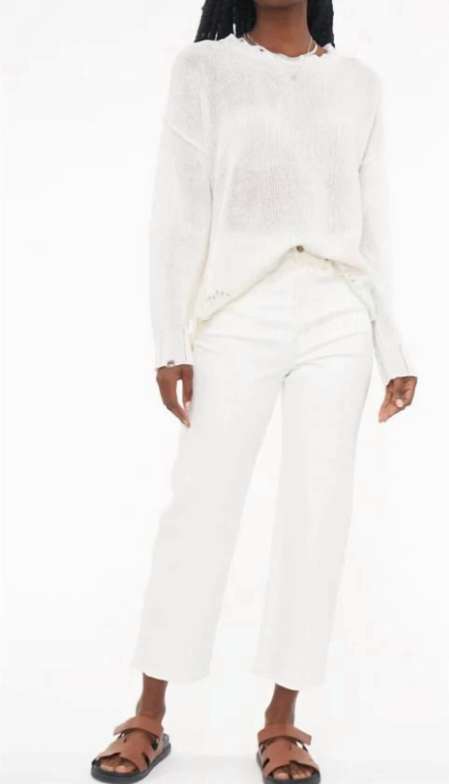 Cozy All-Day Casual Essentials Elyse Sweater In Vanilla Distressed