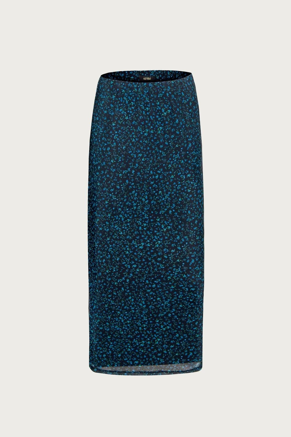 Friction Free Stretch Waist Felix Mesh Midi Skirt In Blue Daisy Ditsy