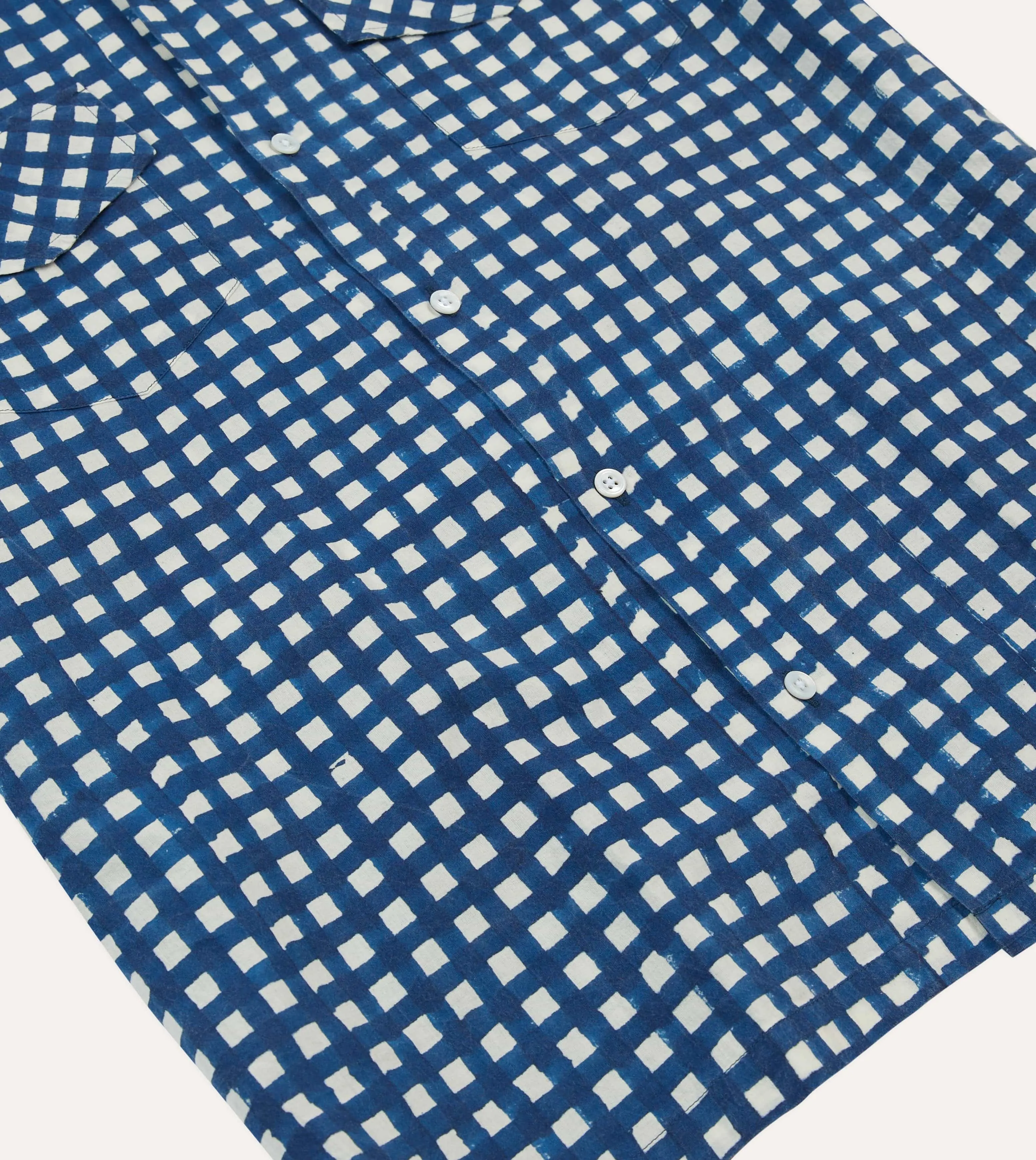 Tall Option Navy Gingham Check Block Print Cotton Camp Collar Short Sleeve Shirt