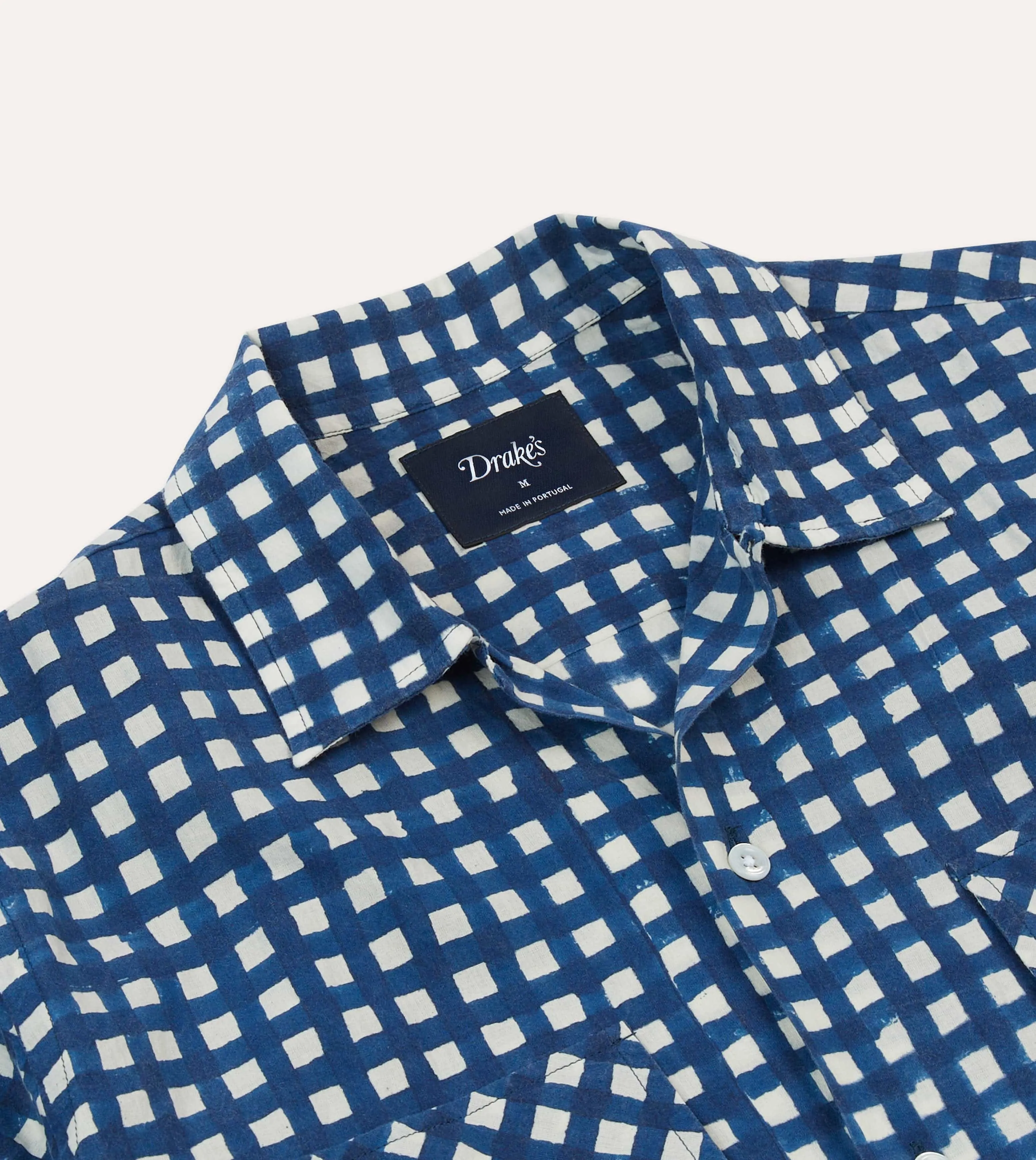 Fitted Shape Navy Gingham Check Block Print Cotton Camp Collar Short Sleeve Shirt