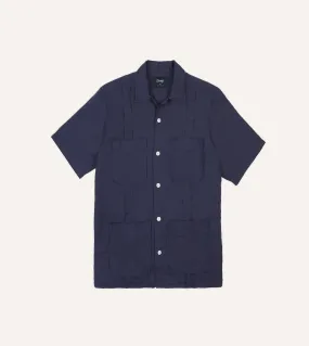 All-Weather Ready Bold Prints Navy Linen Short Sleeve Cuban Shirt