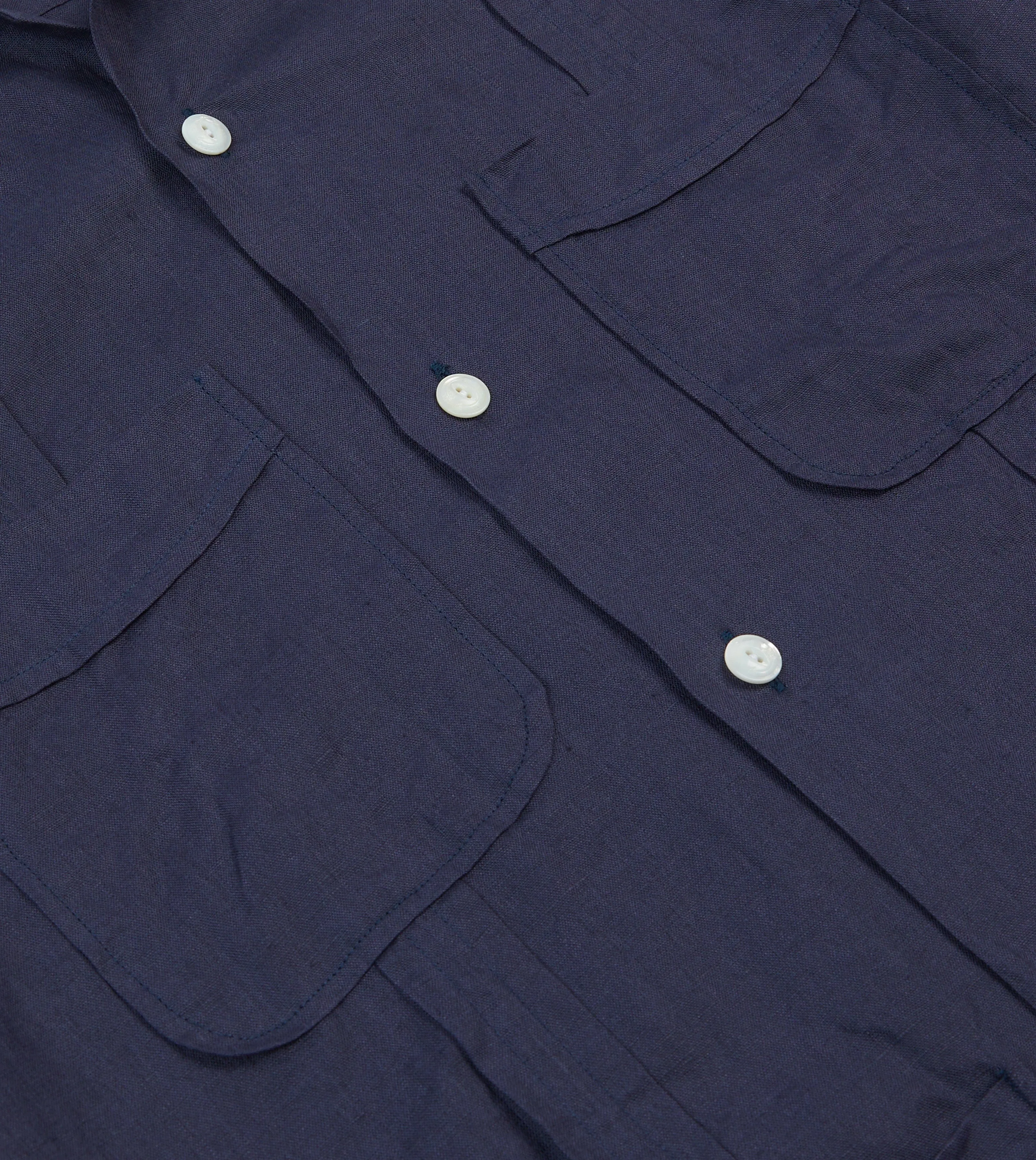 High Neck Water Repellent Finish Navy Linen Short Sleeve Cuban Shirt