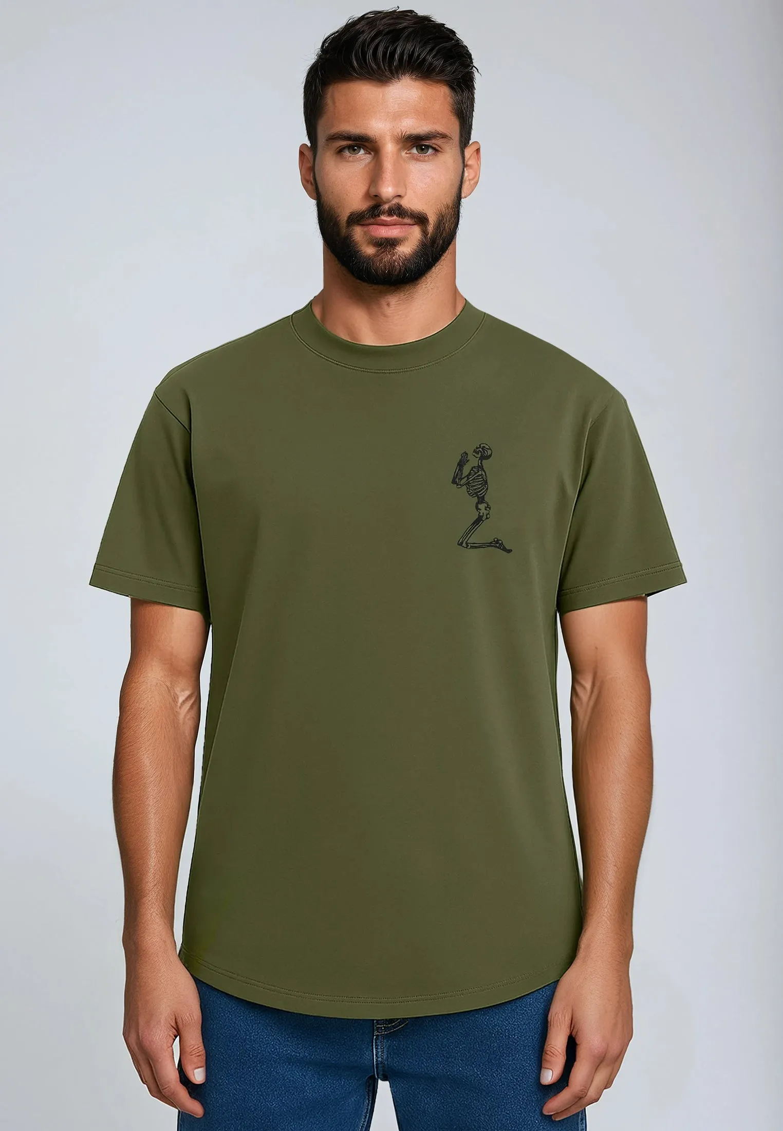 Scoop neck Tight fit sexiness ESSENTIAL BIG SKELETON ARMY GREEN T-SHIRT