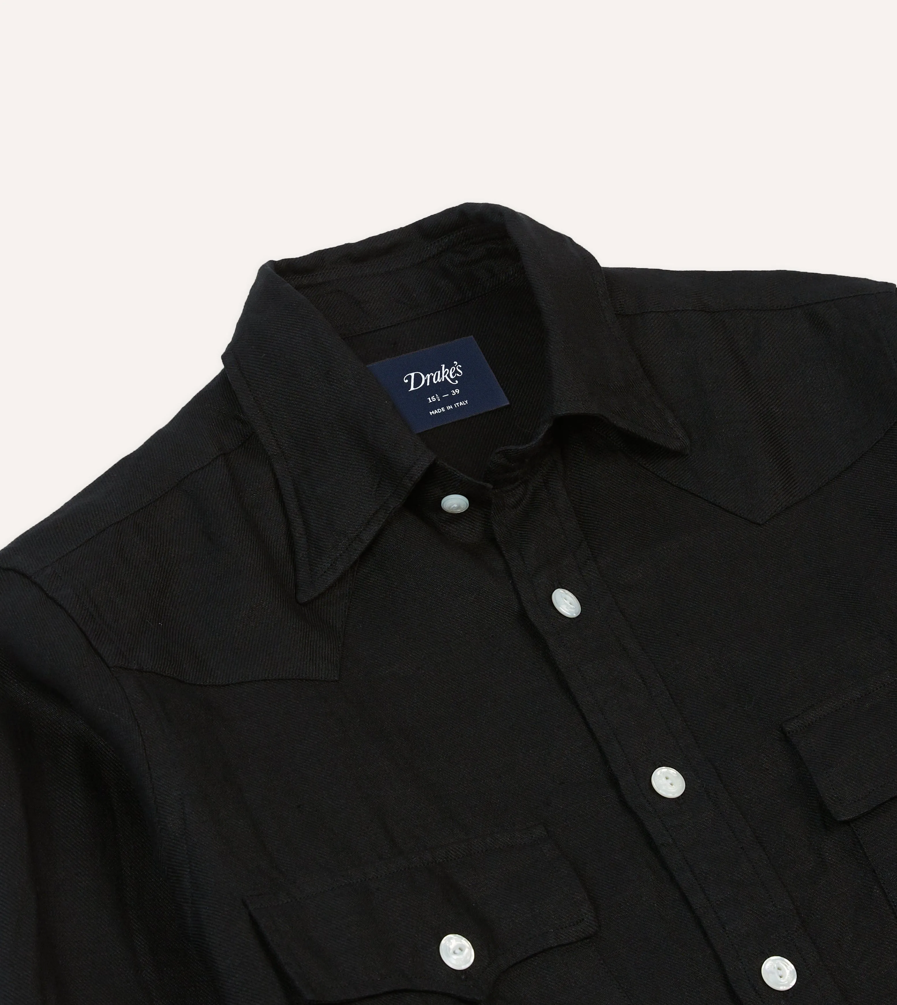 Non Restrictive Armhole Structured Shoulder Support Black Linen Twill Two-Pocket Western Shirt