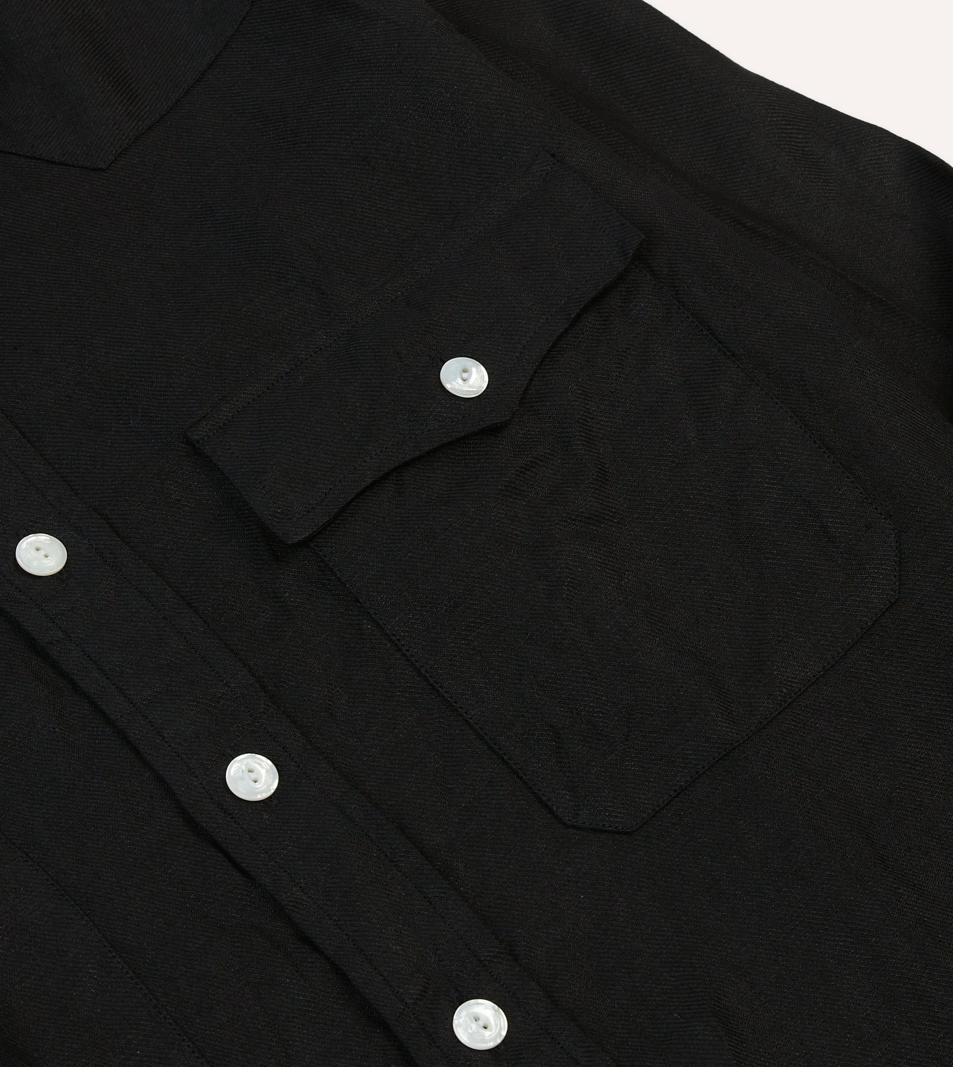 Ergonomic Back Panel Black Linen Twill Two-Pocket Western Shirt