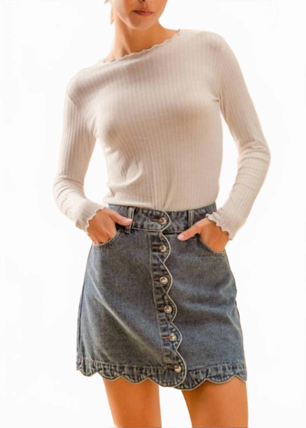 Layered Design Chill Vibe Women's Scallop Front Denim Skirt