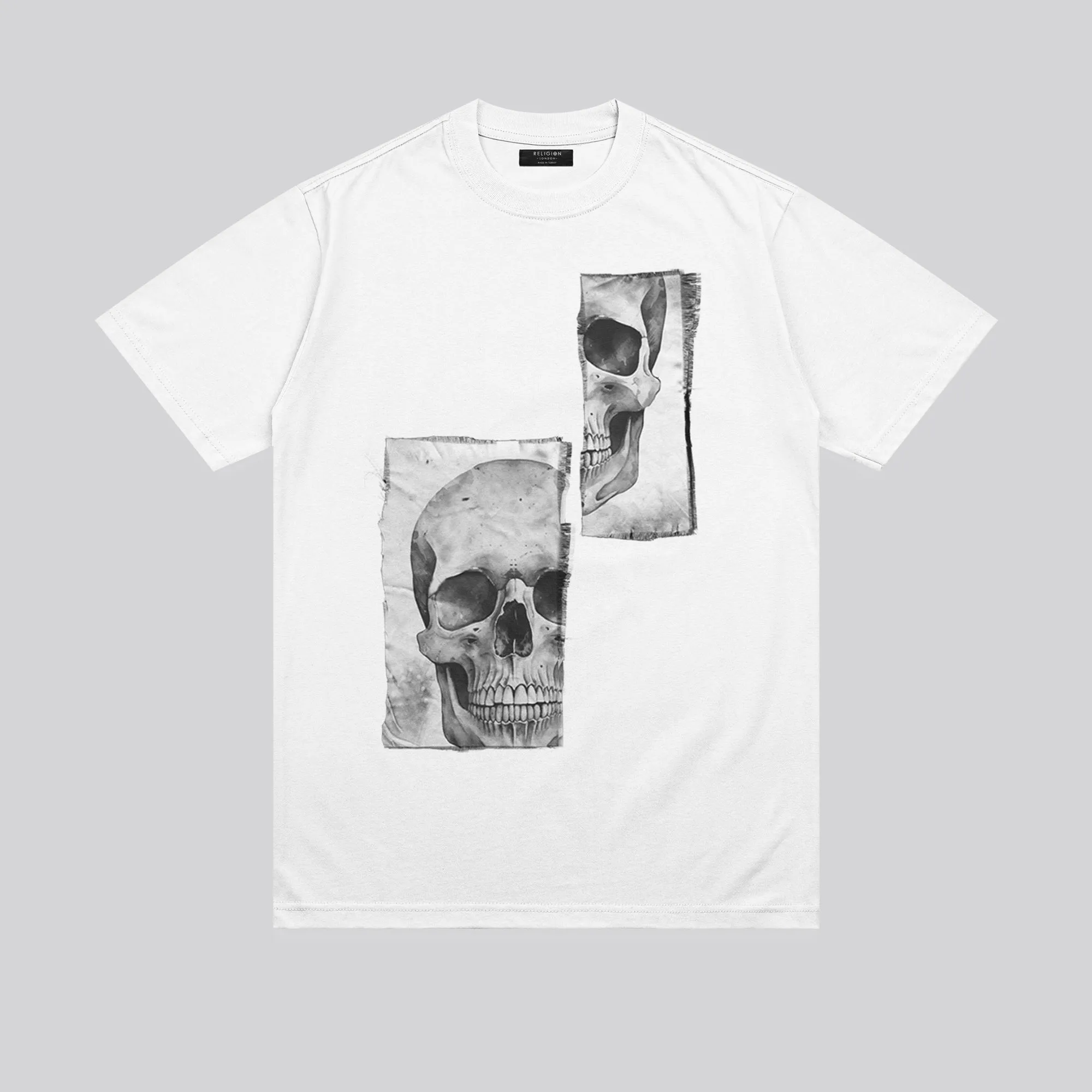 Geometric Pattern Casual Statement PATCH SKULL T-SHIRT WHITE