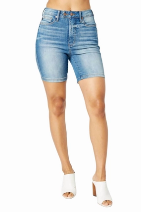 On Trend High Waist Tummy Control Double Button Bermuda Shorts In Blue