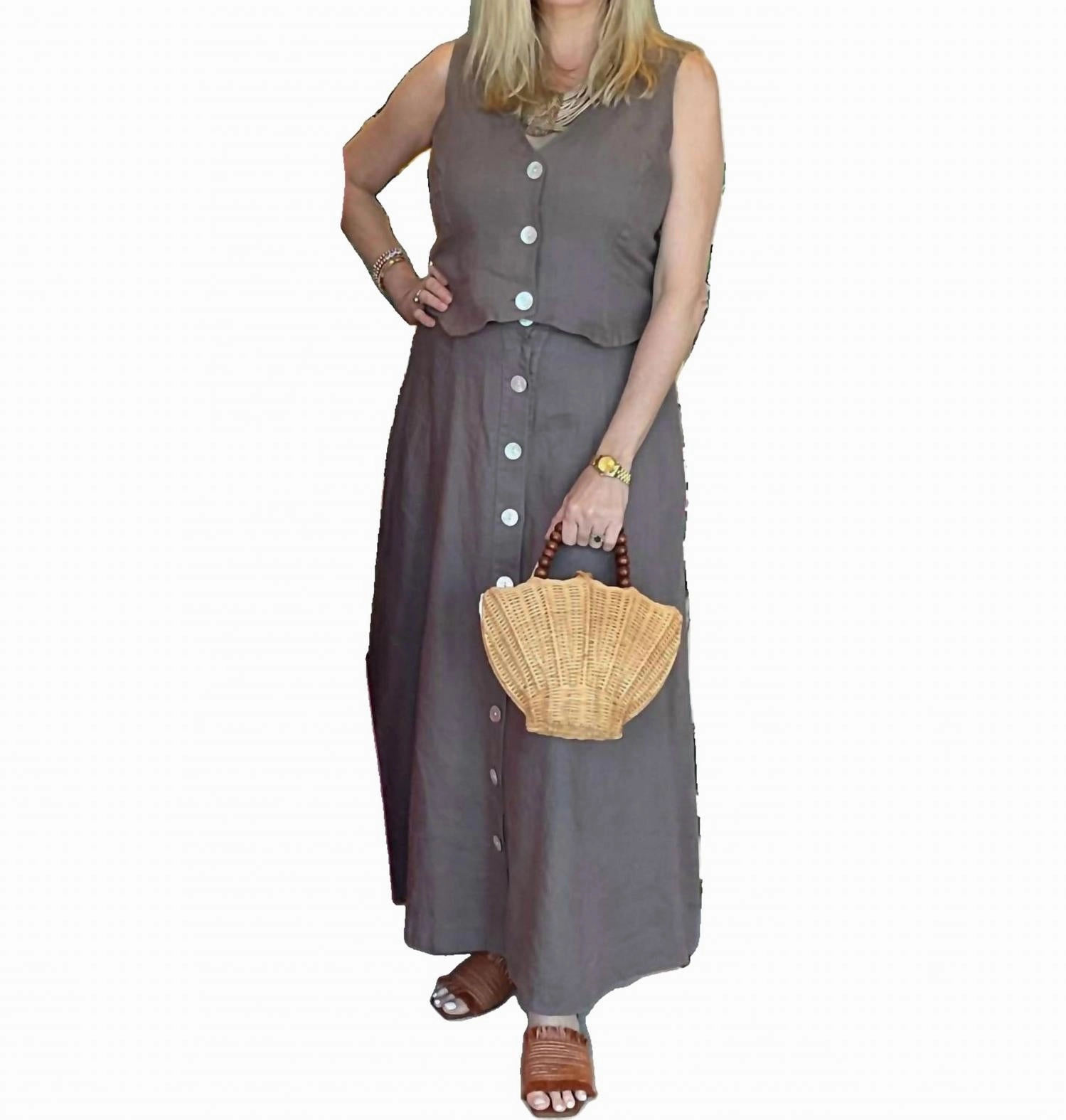 Tiered hem Minimal Touch Nicole Button Front Linen Skirt In Mushroom