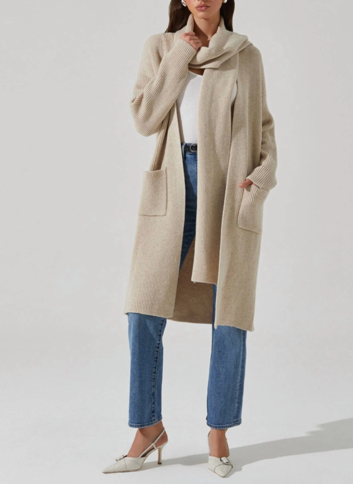 Unisex style Classic Fit Noemi Ribbed Cardigan In Beige