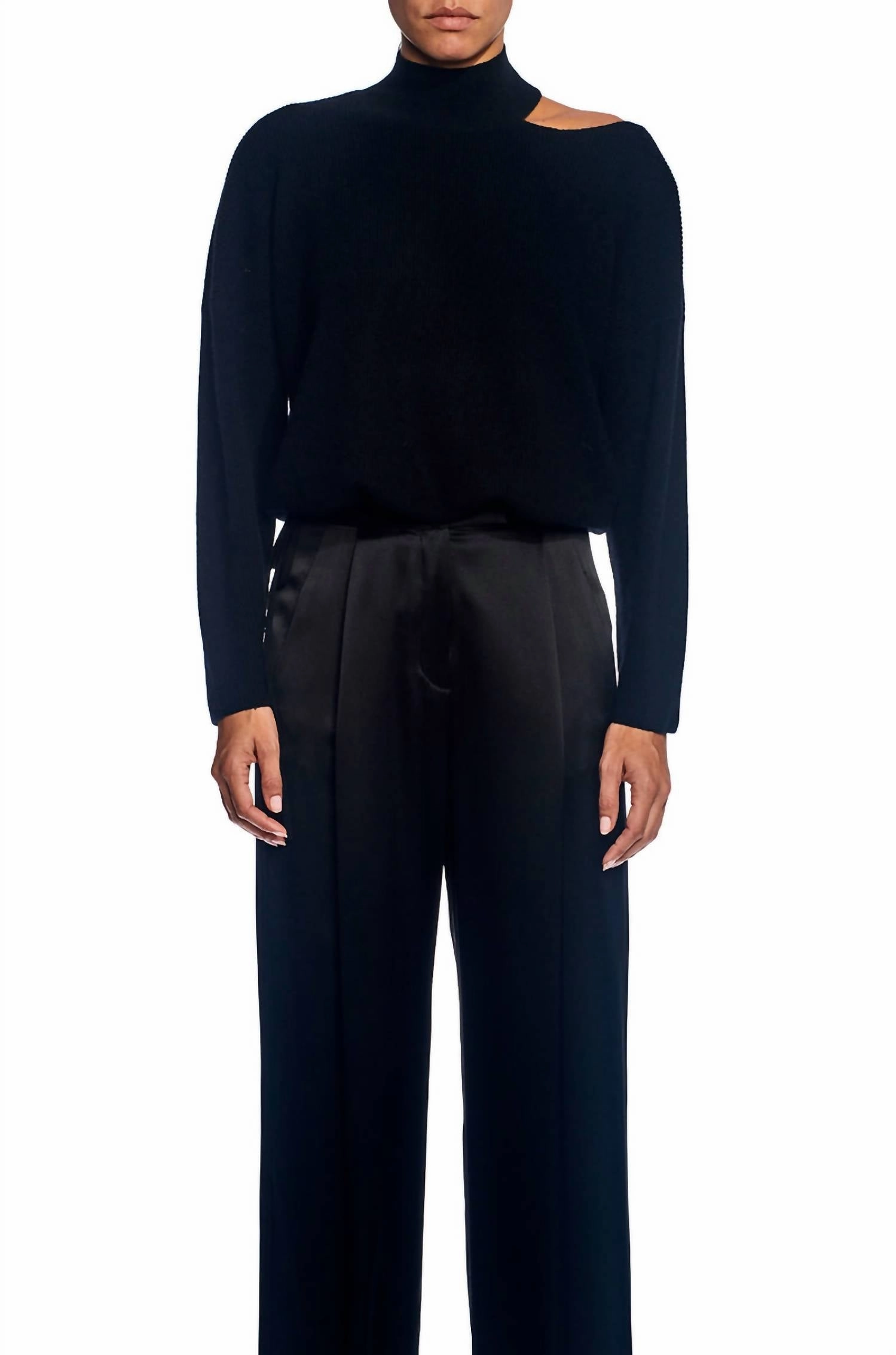 Open Shoulder Sweater In Black Multi Layer Insulation Comfy Knitwear
