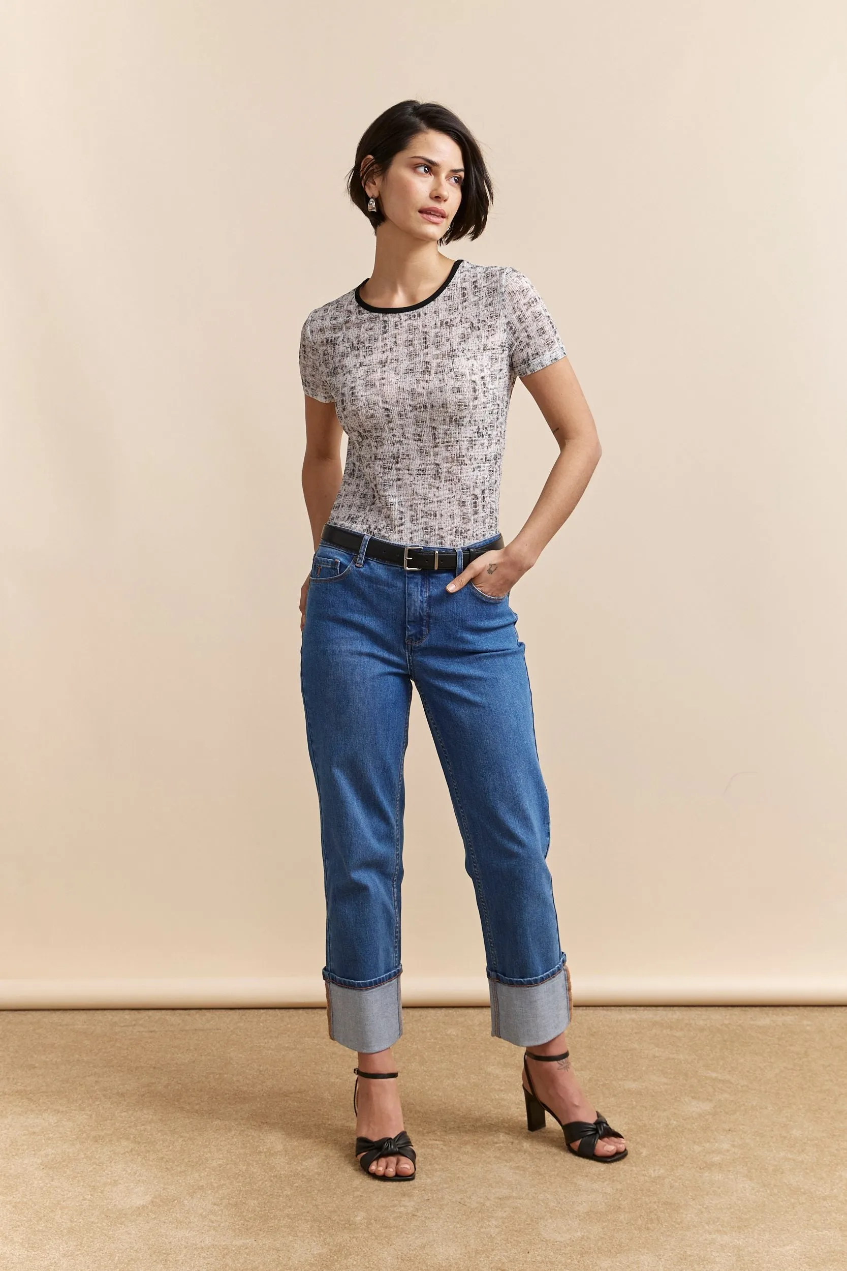 Basic Wardrobe Piece Button Down Textured T-shirt with print