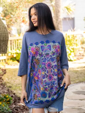 One Size Cotton Easy Tee - Twilight Folk Garden Denim combination Stone Wash Process