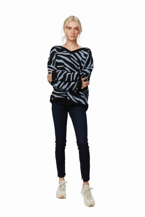 Flexible Collar Opening Joey Sweater In Slate Zebra