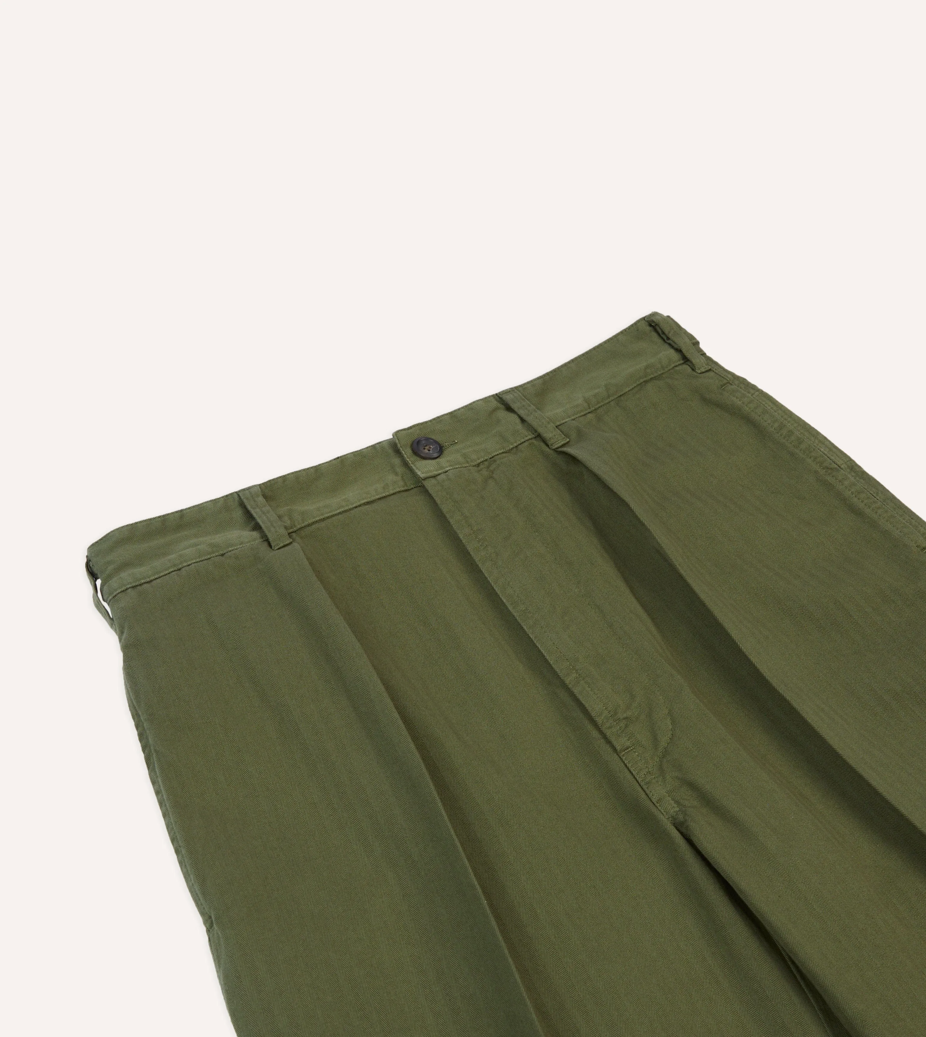 Mid Rise Practical Style Olive Herringbone Cotton Games Trousers