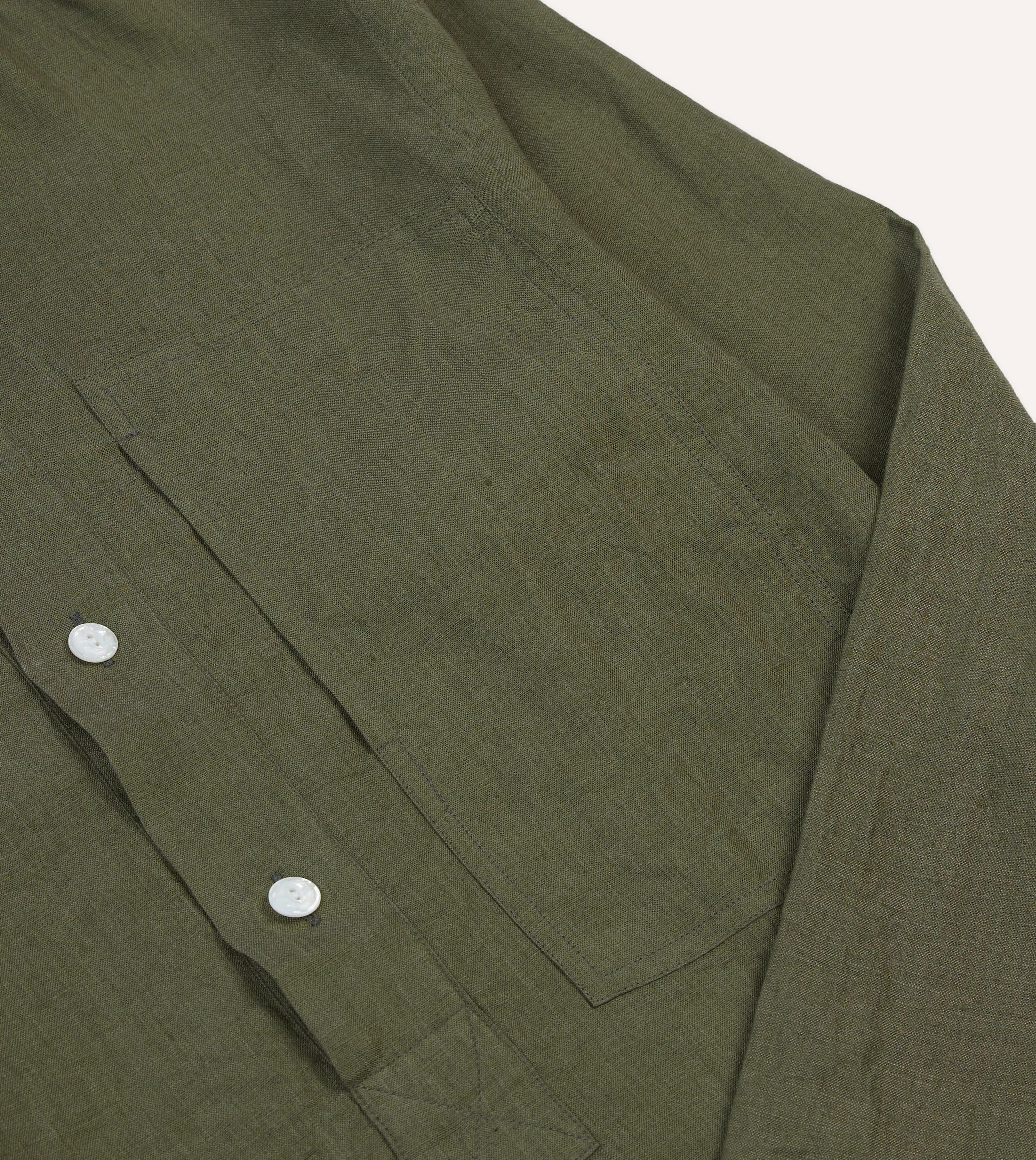 Flexible Movement Olive Linen Mandarin Collar Popover Shirt