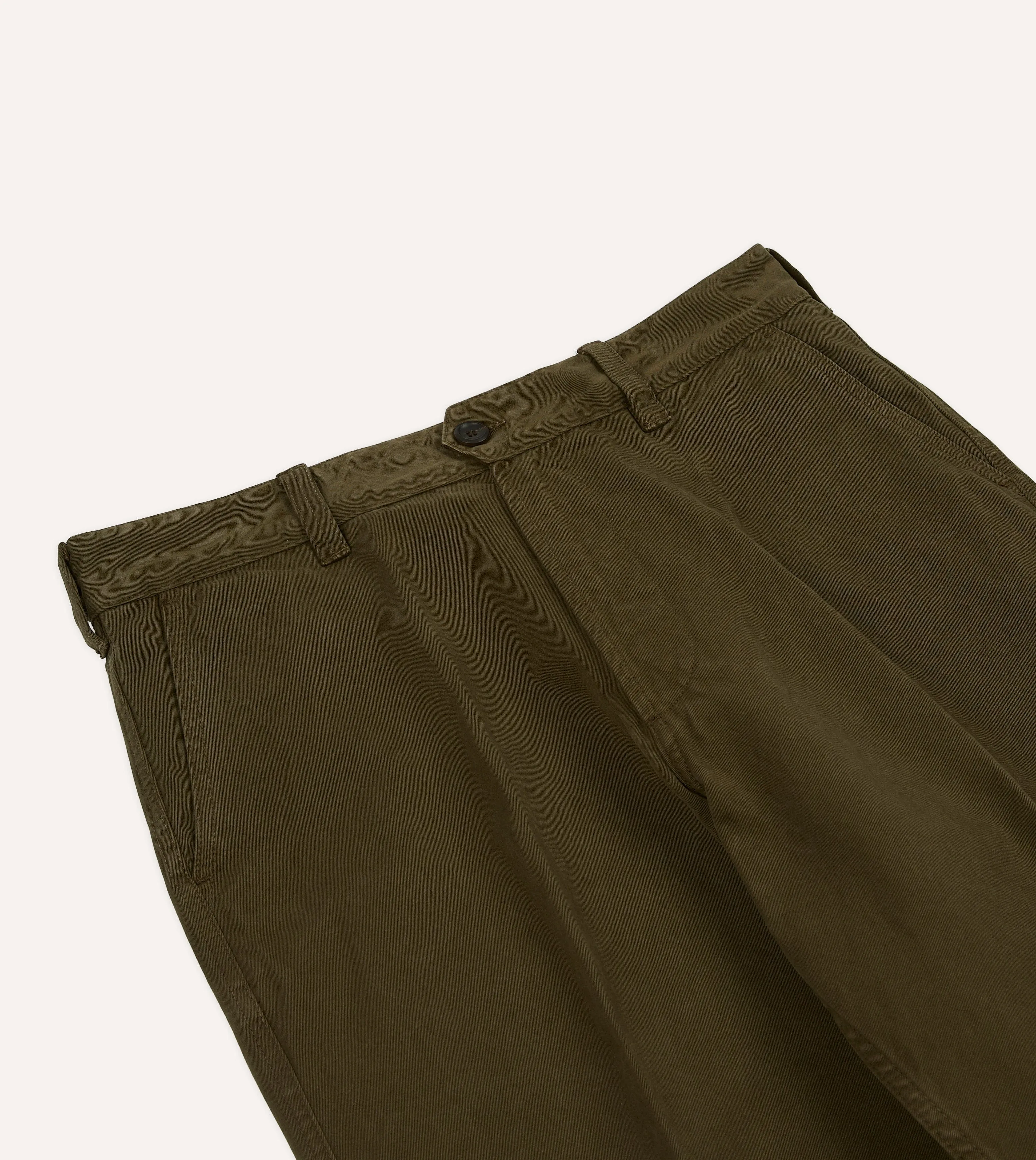 Outdoor Style Relaxed Cut Olive Textured Cotton Flat Front Chino