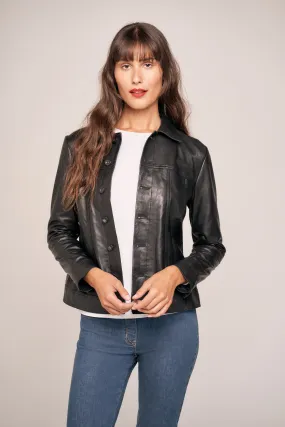 DoubleLayered Collar Hooded Attachment Olivia Newton-John Leather Jacket - Black
