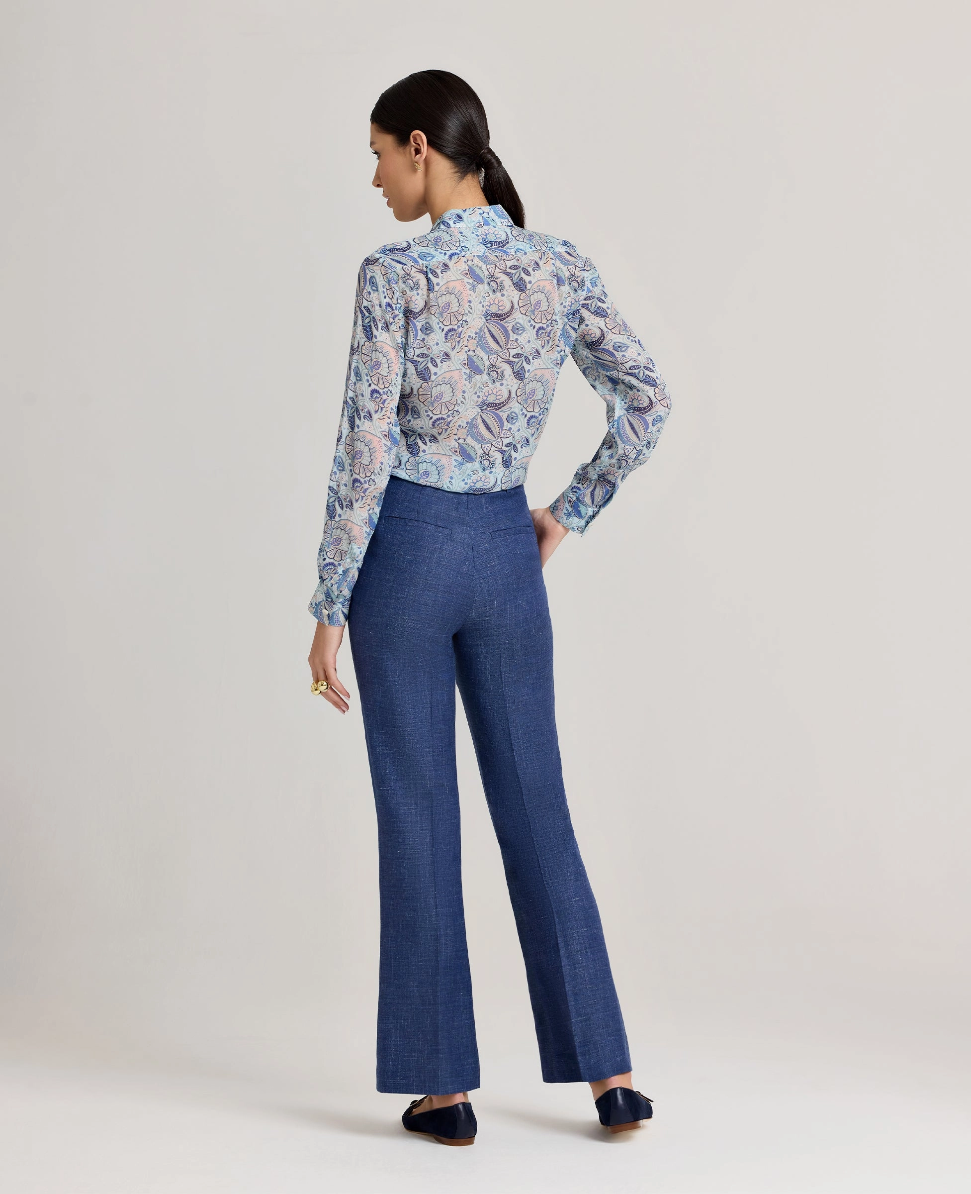 Olivia Wool Linen Slim Straight Trousers High Density Weave Flexible Waist