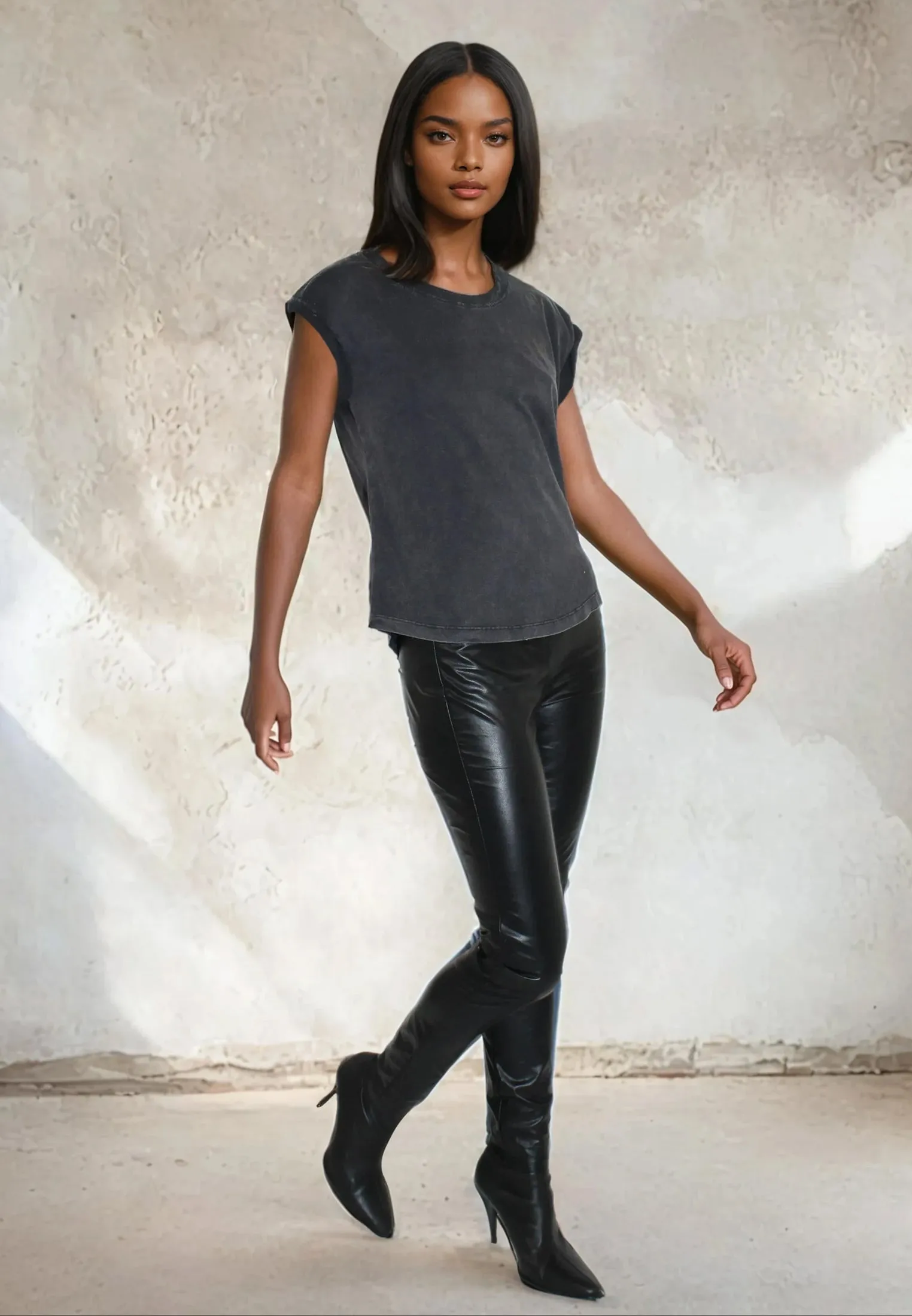ROLLED CAP SLEEVE VINTAGE BLACK Sporty Design Street Style